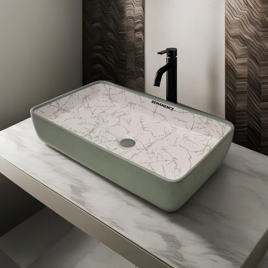REMANENCE Designer Ceramic Table Top Wash Basin For Bathroom (24 x 14 x 5 Inch) (LightGreen N White SL 64)