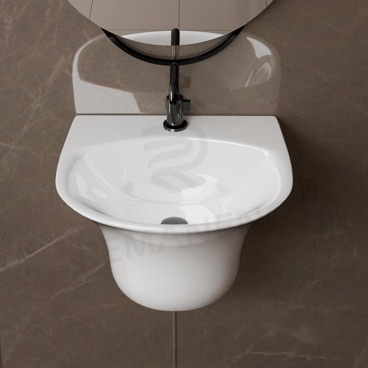 REMANENCE-RICH Luxury Wall Mount Half Pedestal Wash Basin for Bathroom (Glossy White)