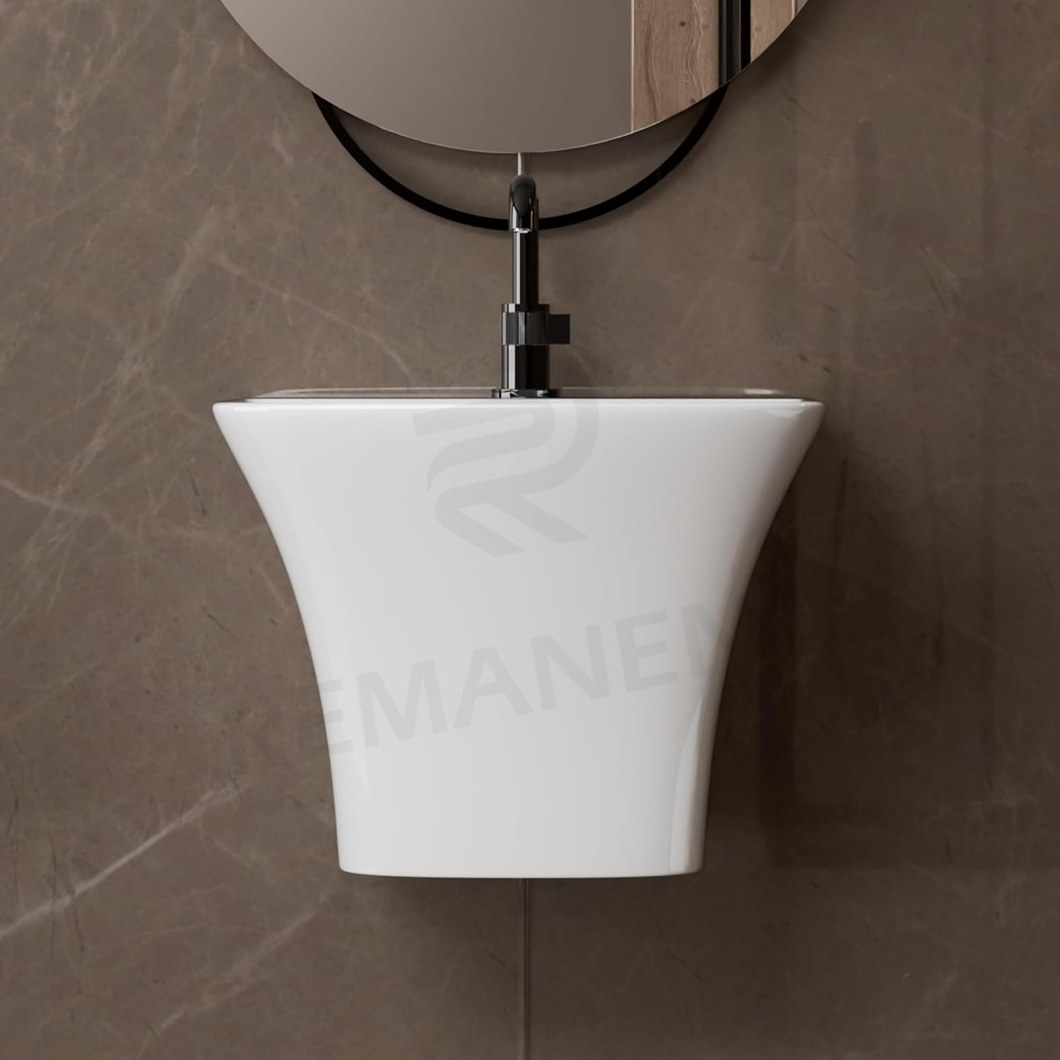 REMANENCE-RION Luxury Wall Mount Half Pedestal Wash Basin for Bathroom, Restaurant, Hotels (Glossy White)