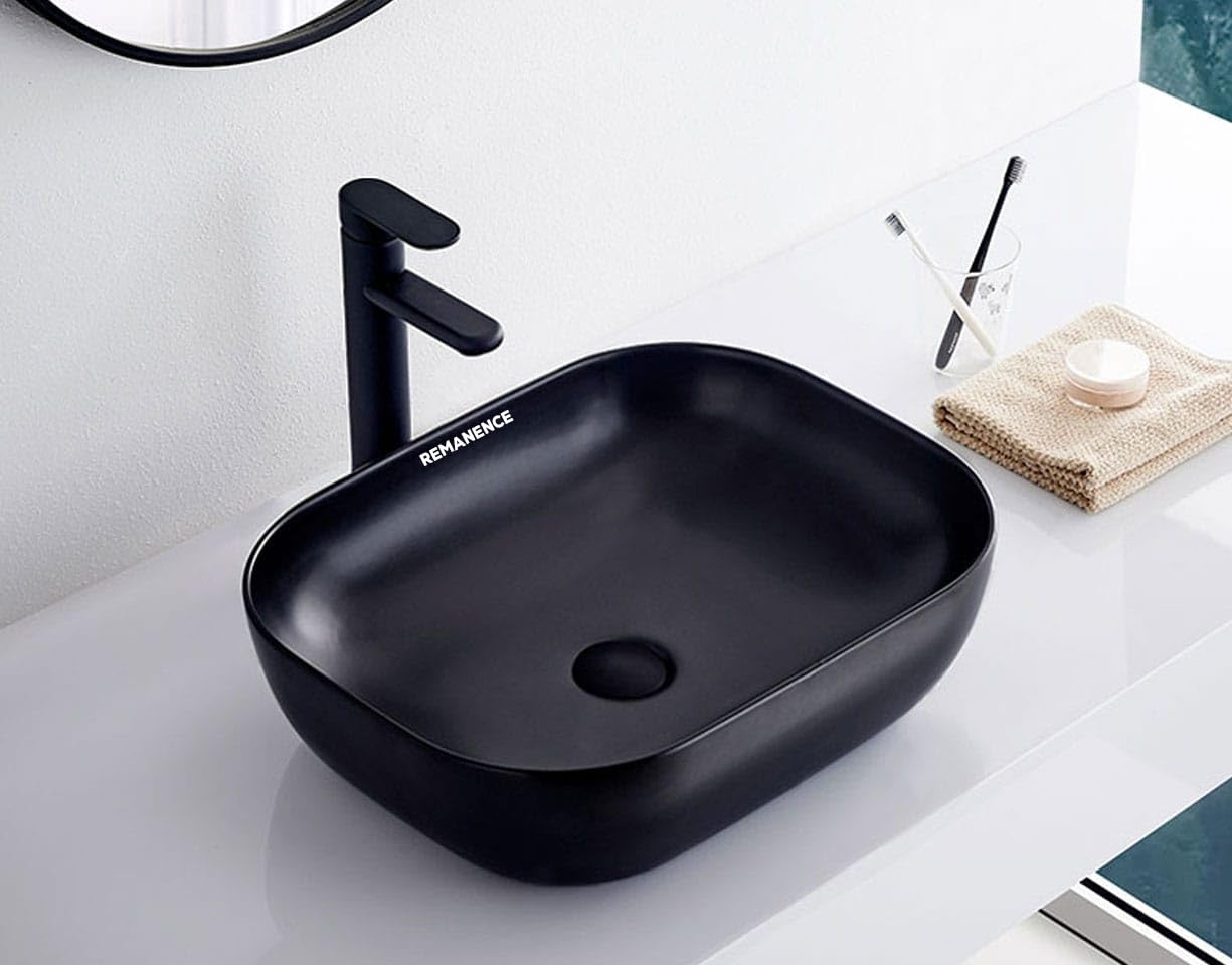 REMANENCE Premium Ceramic Countertop Wash Basin for Premium Restaurants & Cafés, Luxury Bathrooms, Showrooms & Offices (18 x 13 x 5.5 Inch) (Matte Black Wash Basin)