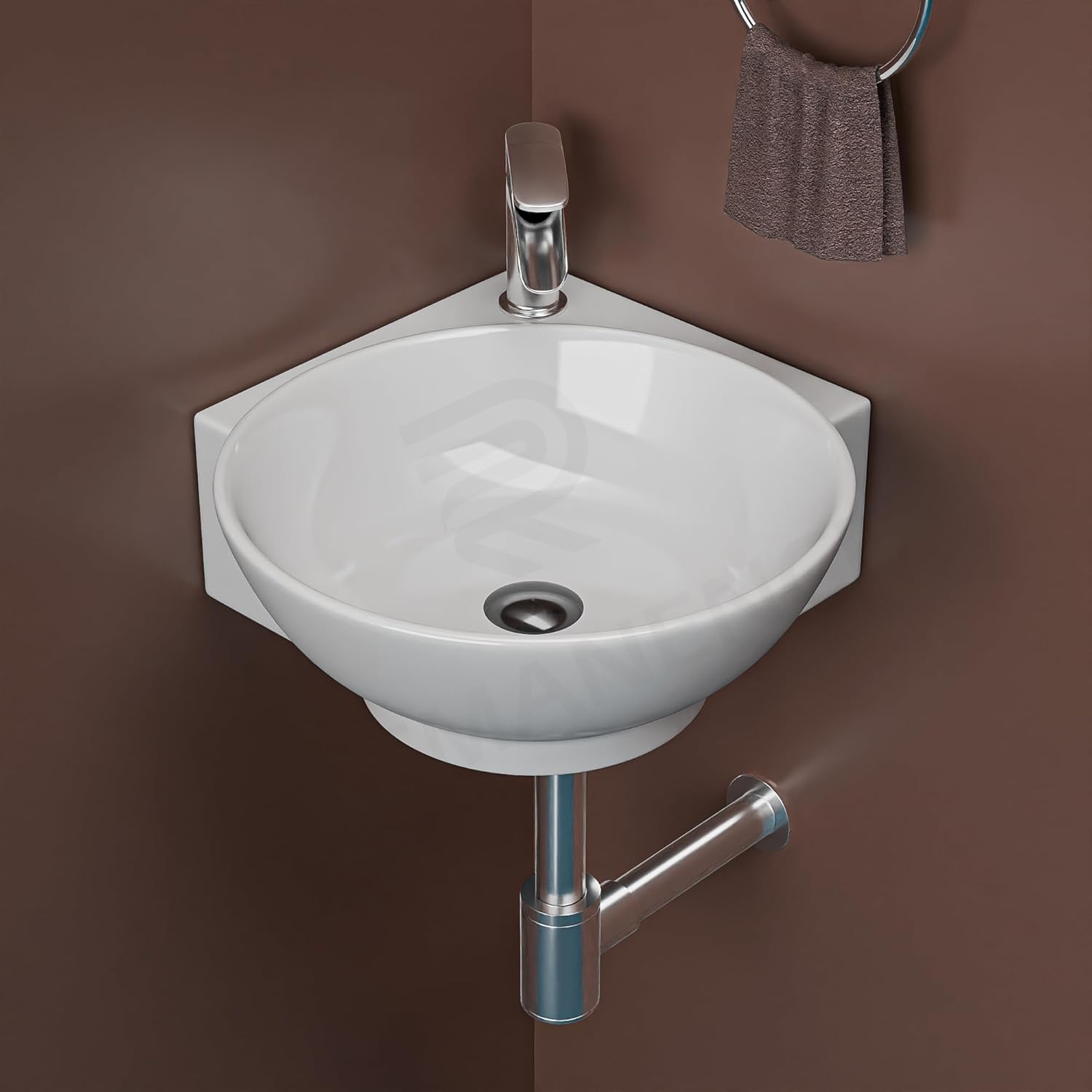 REMANENCE-ROUND Ceramic Wall Mounted Small Corner Wash Basin for Bathroom (16.3 x 13.8 x 4.3 Inch)