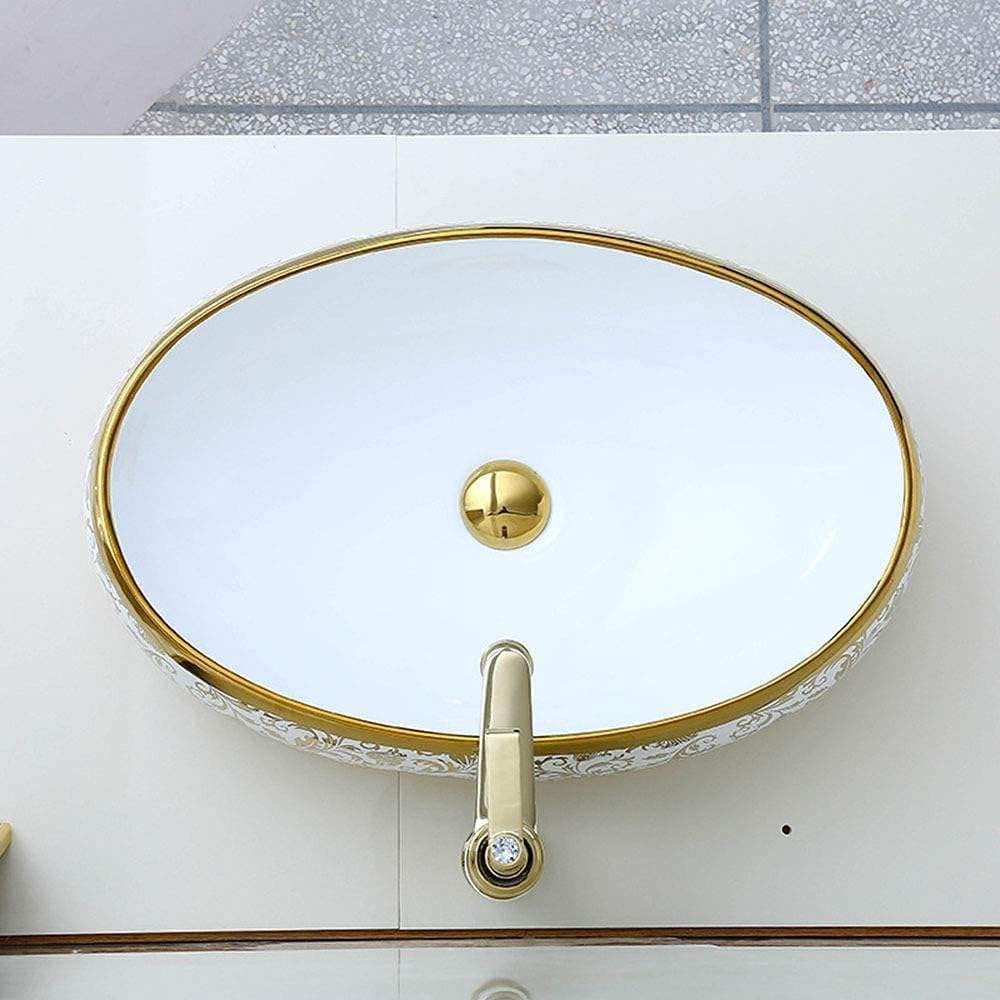 REMANENCE Premium Countertop Wash Basin for Boutique Hotels & Resorts, Showrooms & Offices, Premium Restaurants & Cafés, Luxury Bathrooms (24 X 14 X 5 Inch) (Glossy White Golden Basin-Abstract Design)