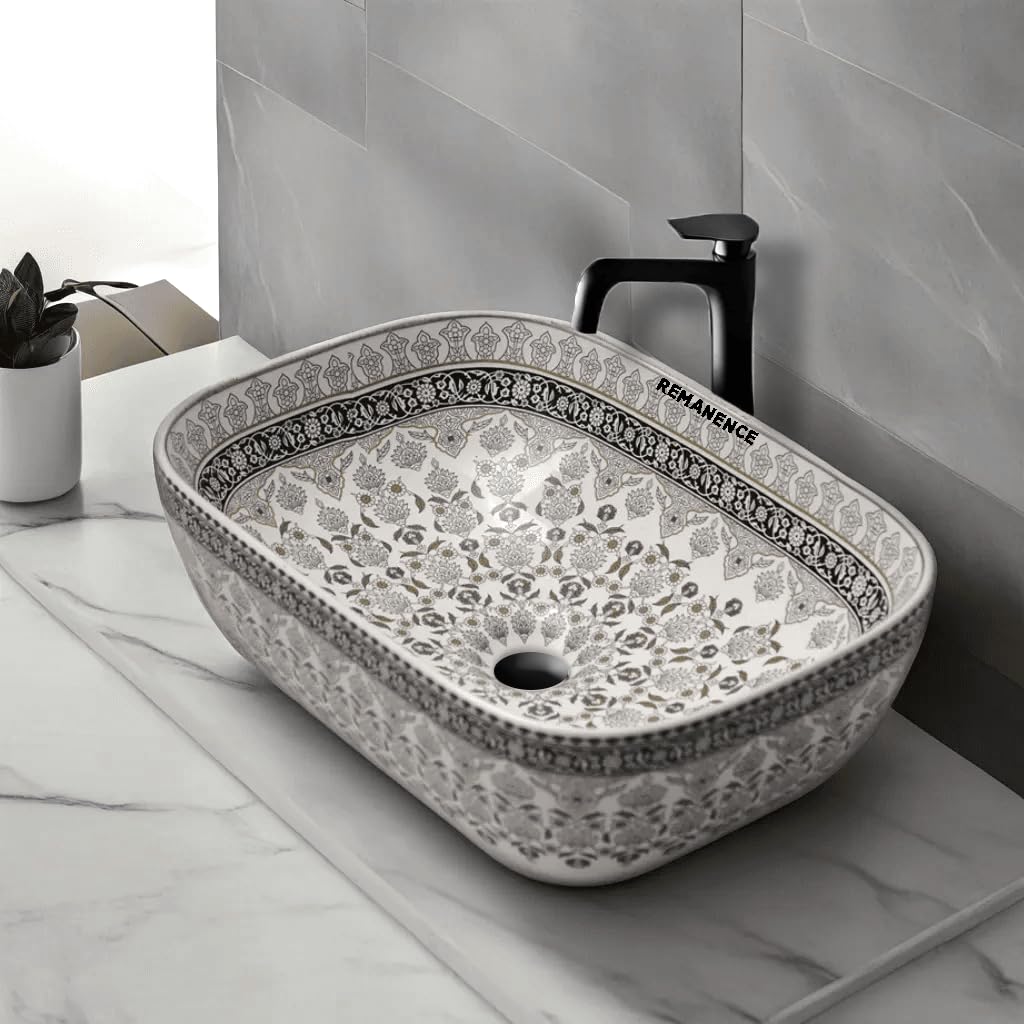 REMANENCE Premium Designer Table Top Wash Basin For Designer Bathrooms, Luxury Homes, Boutique Hotels (18 x 13 x 5.5 Inch) (AD 91 Moroccan Black Design)