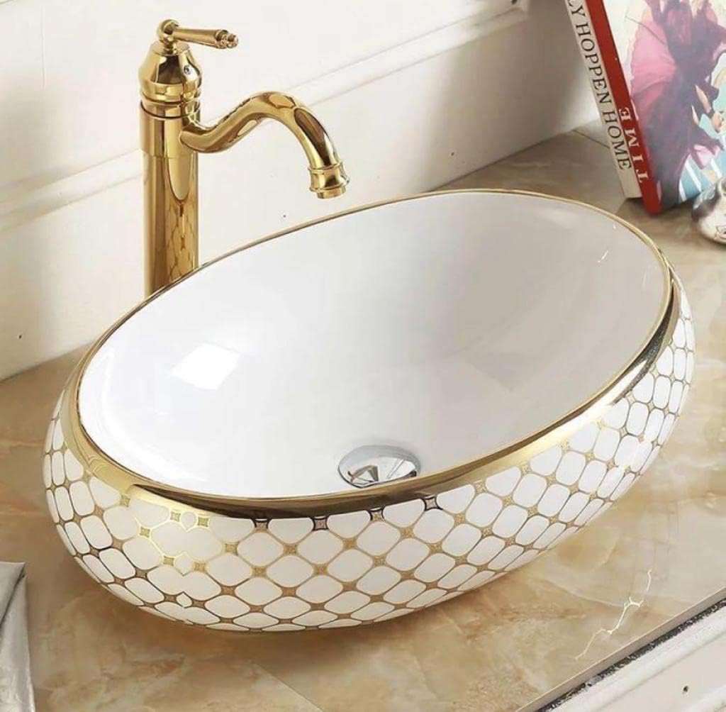 REMANENCE Premium Countertop Wash Basin for Boutique Hotels & Resorts, Showrooms & Offices, Premium Restaurants & Cafés, Luxury Bathrooms (24 X 14 X 5 Inch) (Glossy White Golden Basin-Cross Design)