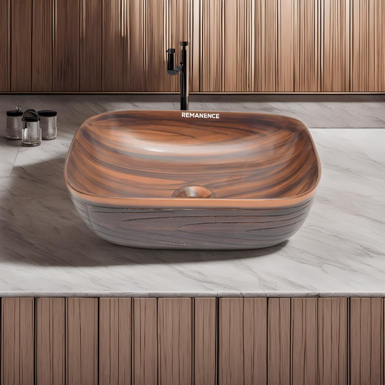 REMANENCE Premium Wooden Style Designer Table Top Wash Basin for Luxury Homes, Premium Restaurants & Cafés, Boutique Hotels & Resorts (18 x 13 x 5.5 Inch) (Wooden Style Basin 08)