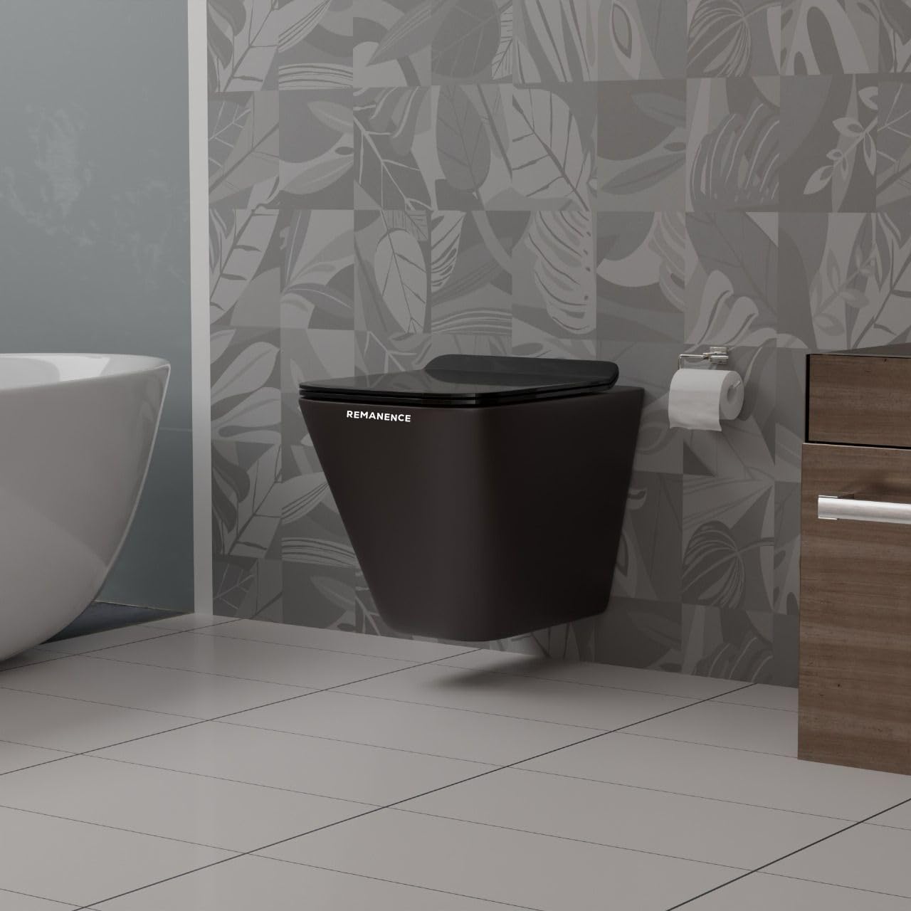 REMANENCE-EUROPEAN Style Ceramic Wall Mount Commode for Bathrooms with Soft Close Seat Cover (Black)