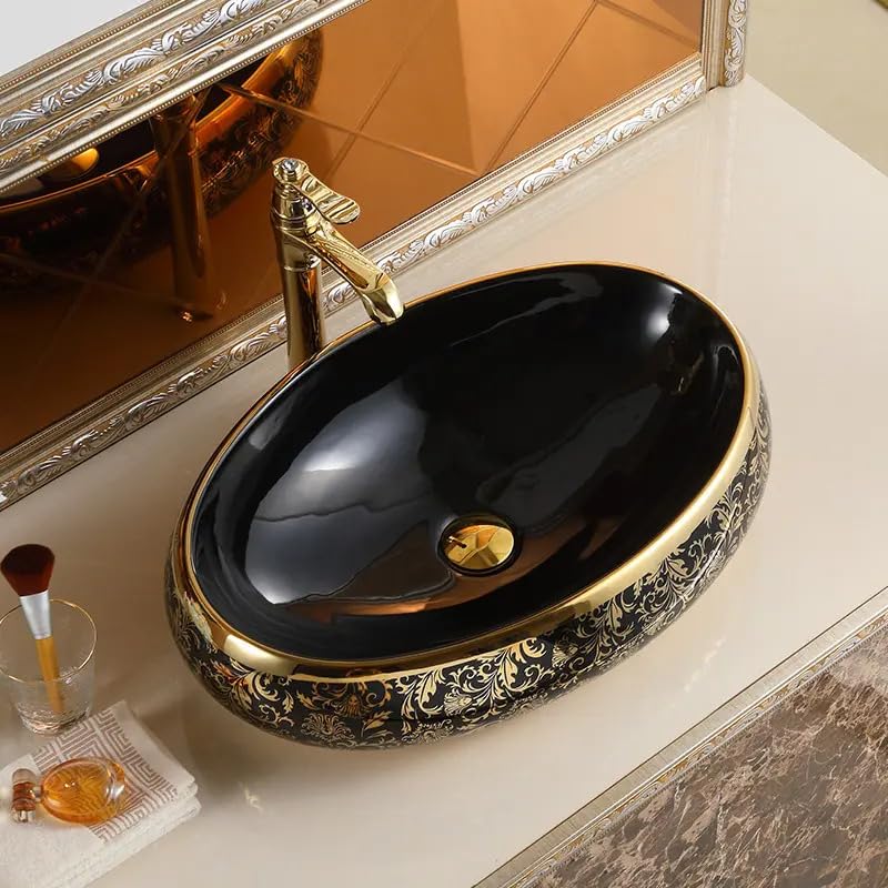 REMANENCE Premium Countertop Wash Basin for High-End Restaurants, Boutique Hotel & Resort, Gourmet Cafés (24 x 16 x 6 Inch) (Glossy Black Golden Basin-Abstract Design)