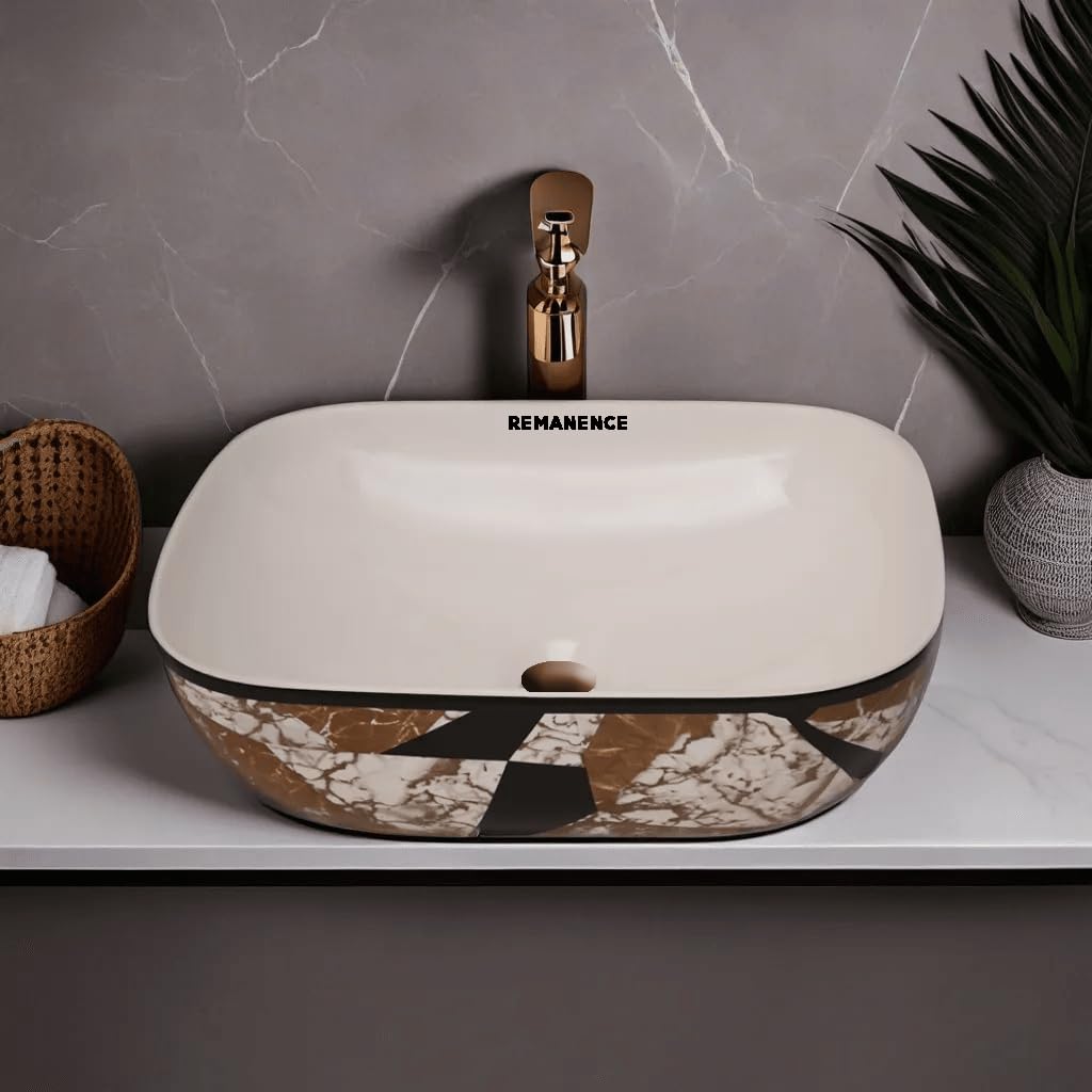 REMANENCE Premium Designer Table Top Wash Basin For Designer Bathrooms, Luxury Homes, Boutique Hotels (18 x 13 x 5.5 Inch) (AD 30 Brown Black N White)
