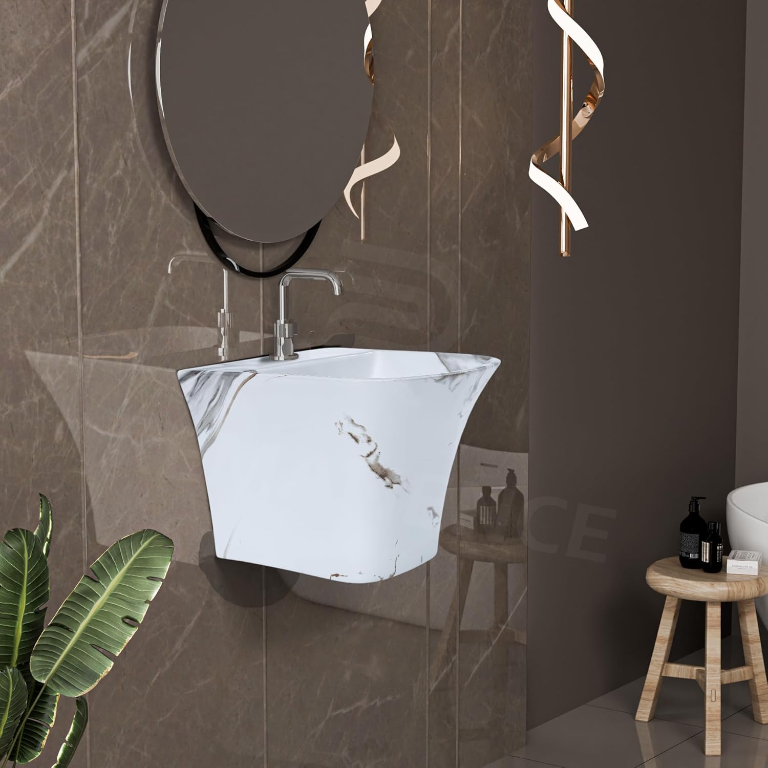 REMANENCE-RION Designer Wall Mount Half Pedestal Wash Basin for Bathroom, Restaurant, Hotels (Marble Grey)