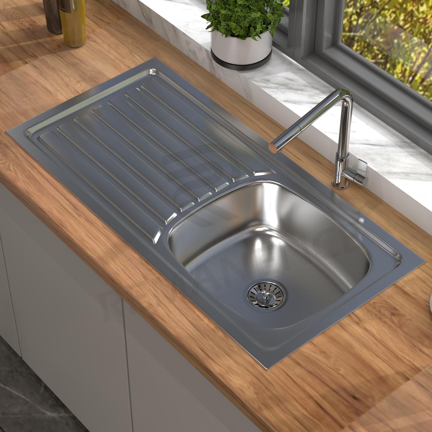 REMANENCE 304 Grade Stainless Steel Single Bowl Kitchen Sink with Integrated Drain Board (37 x 18 x 8 Inch) (Glossy)