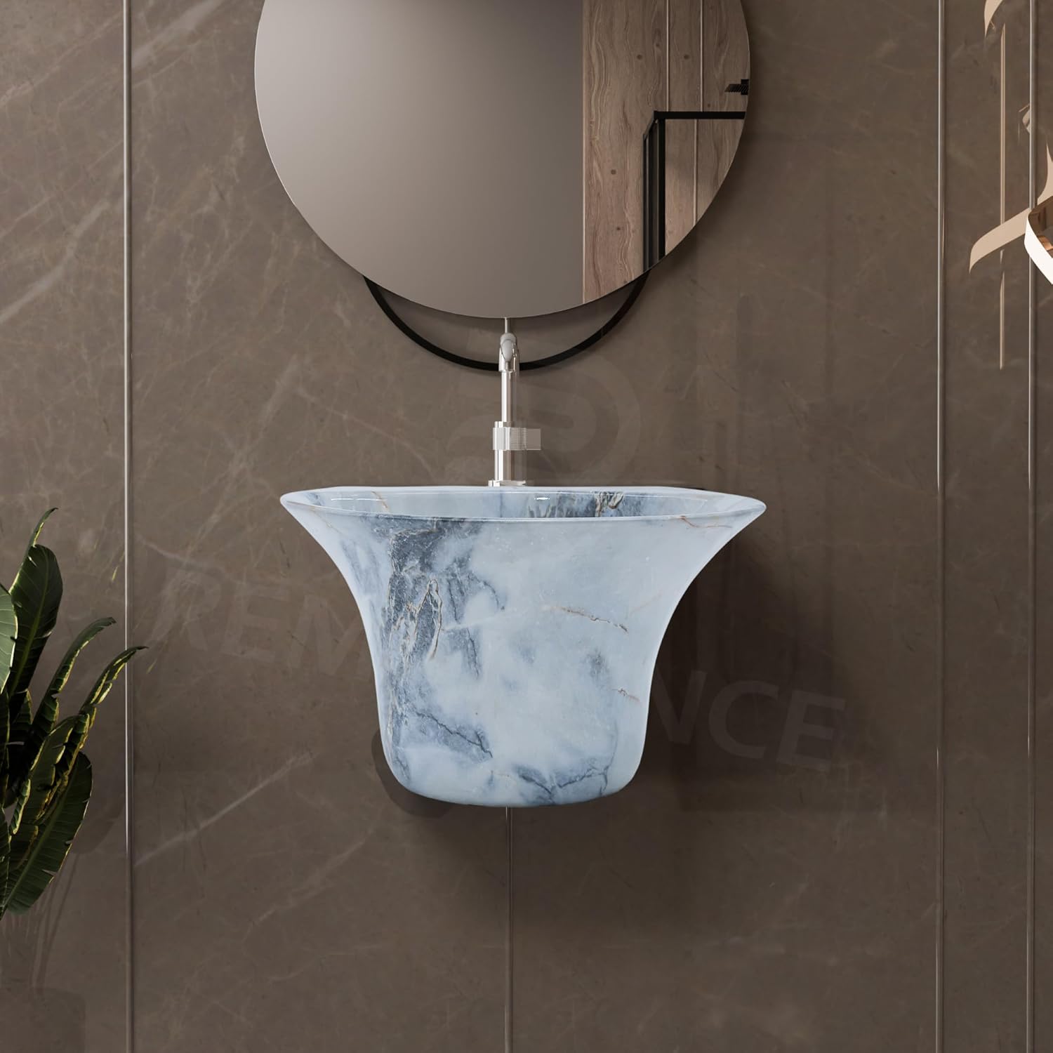 REMANENCE-RICH Luxury Wall Mount Half Pedestal Wash Basin for Bathroom (Designer Blue)