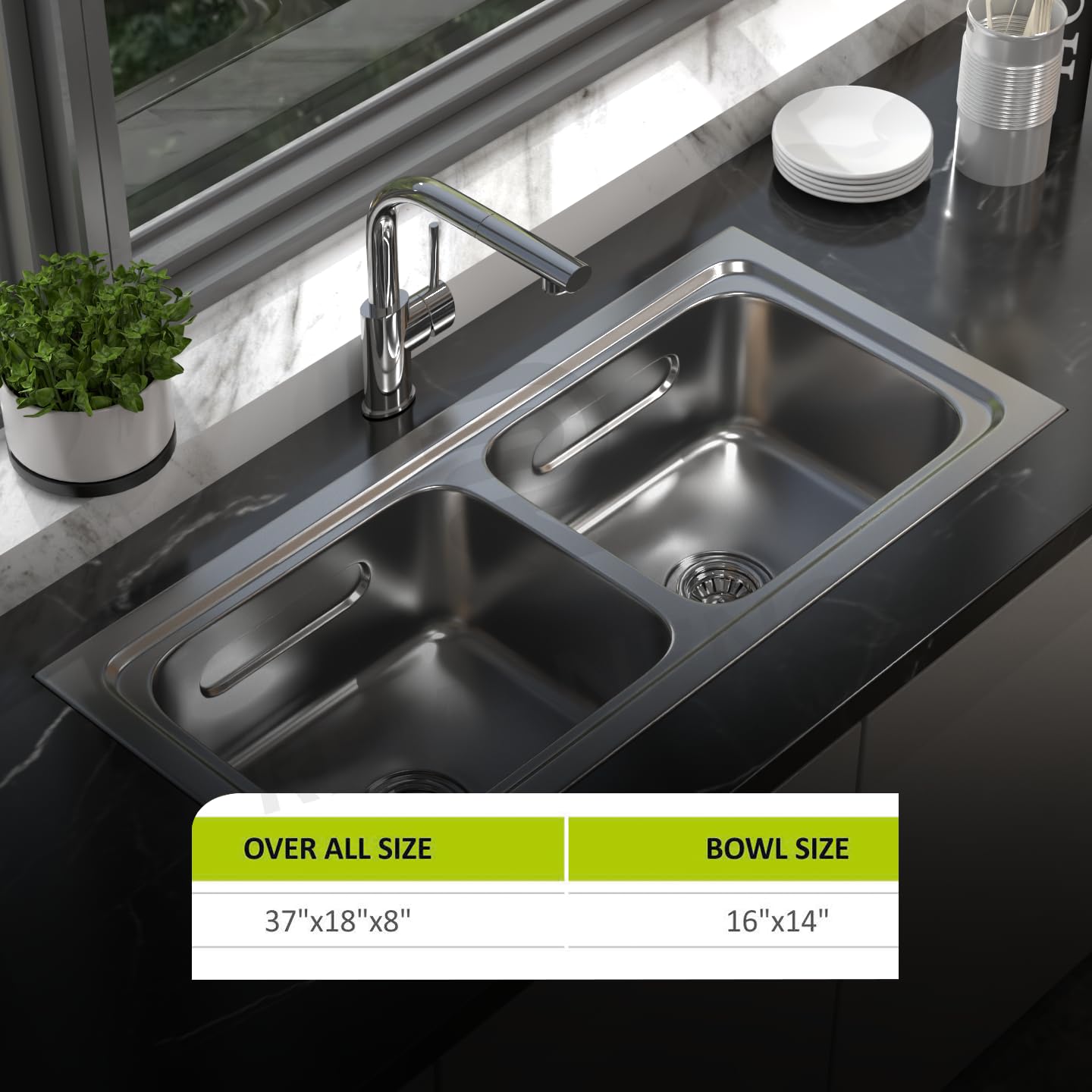 REMANENCE 304 Grade Stainless Steel Double Bowl Kitchen Sink (37 x 18 x 8 Inch) (Glossy)