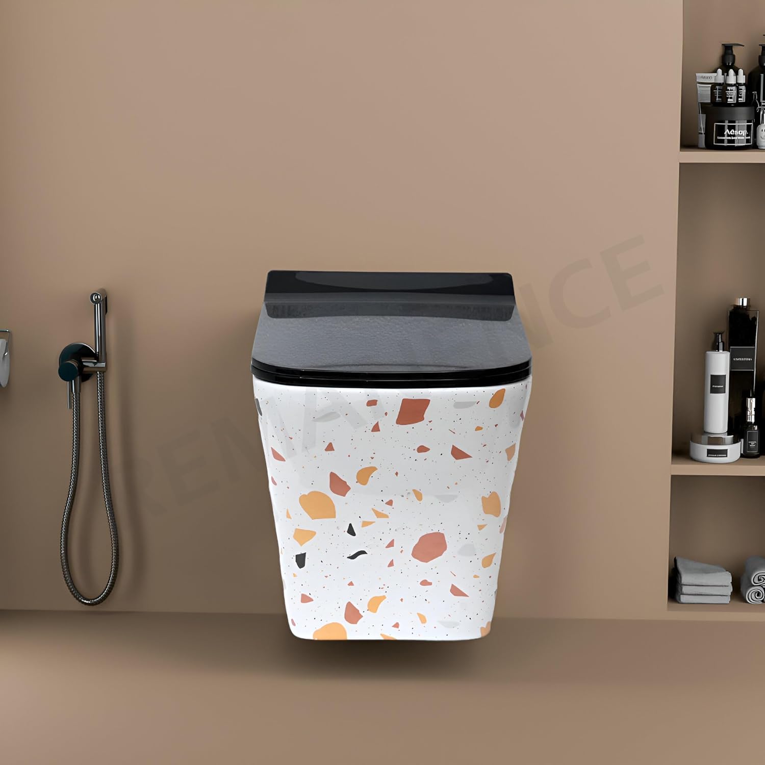 REMANENCE Ceramic Moroccan Design Wall Mount Commode with Soft Close Seat Cover (51 x 35.5 x 33.5 Centimeters)-RWH01