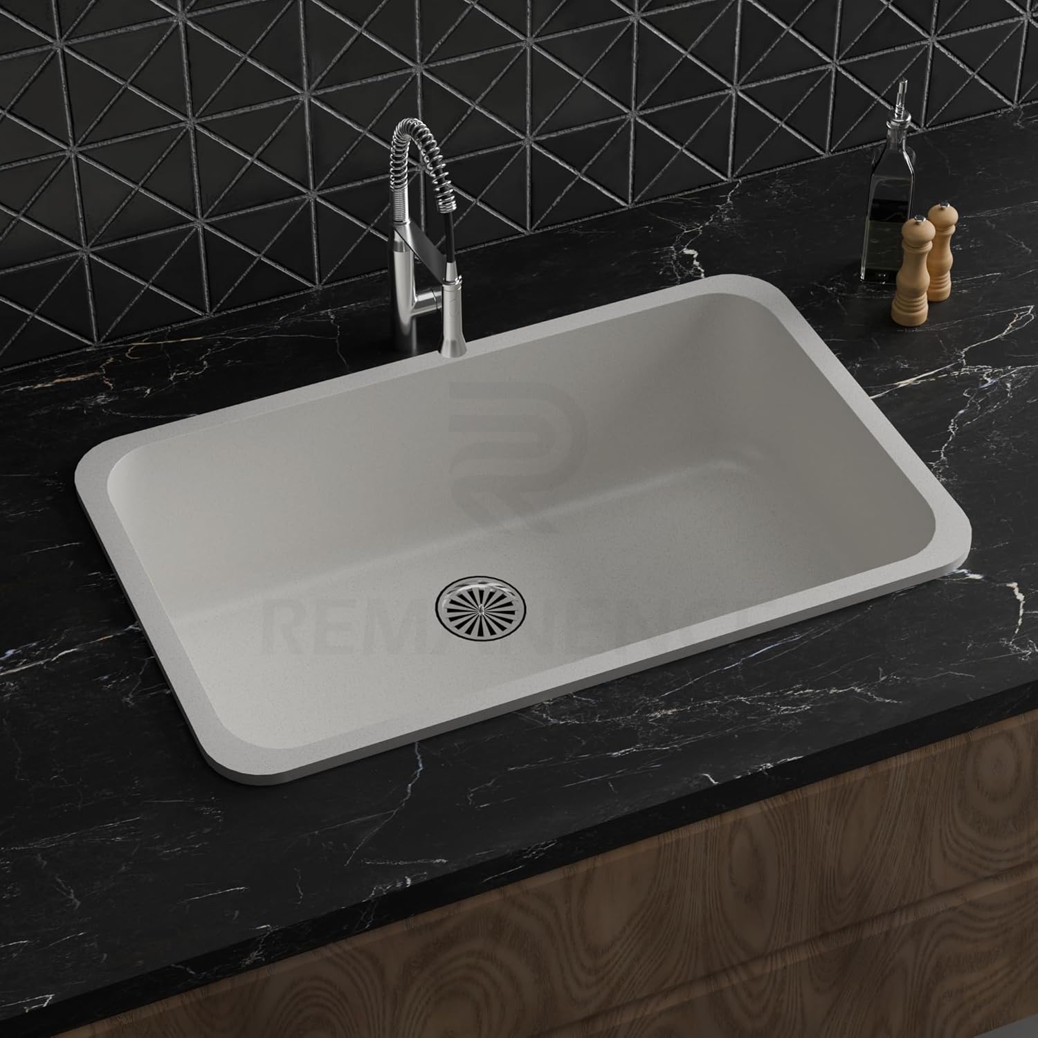 REMANENCE Granite Quartz Single Bowl Matte Finish Kitchen Sink With Drainer Basket (31 x 19 x 9 Inch) (Grey Stone)