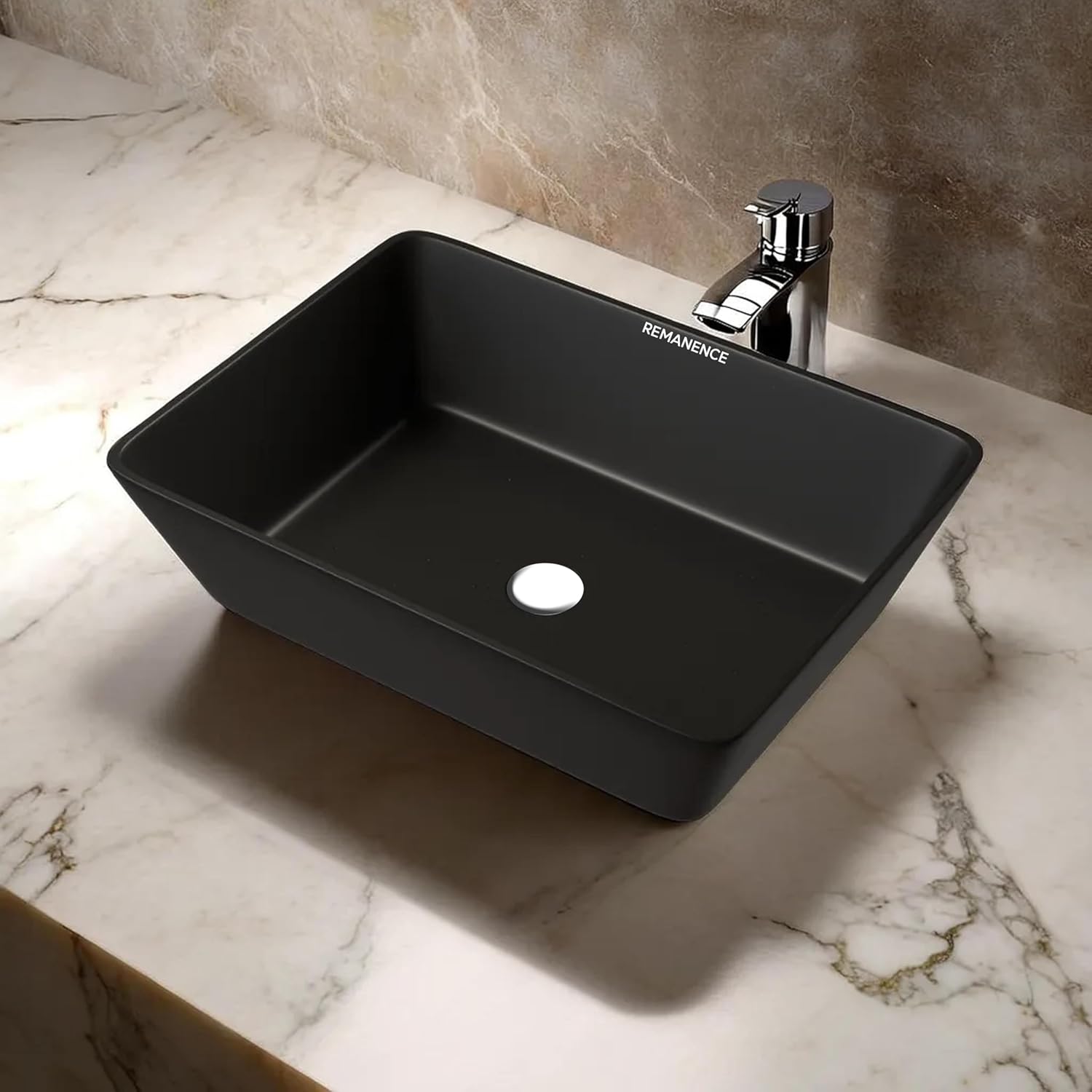 REMANENCE Granite Quartz Countertop Wash Basin (18 X 13 X 5.5 Inch) (Matte Black)