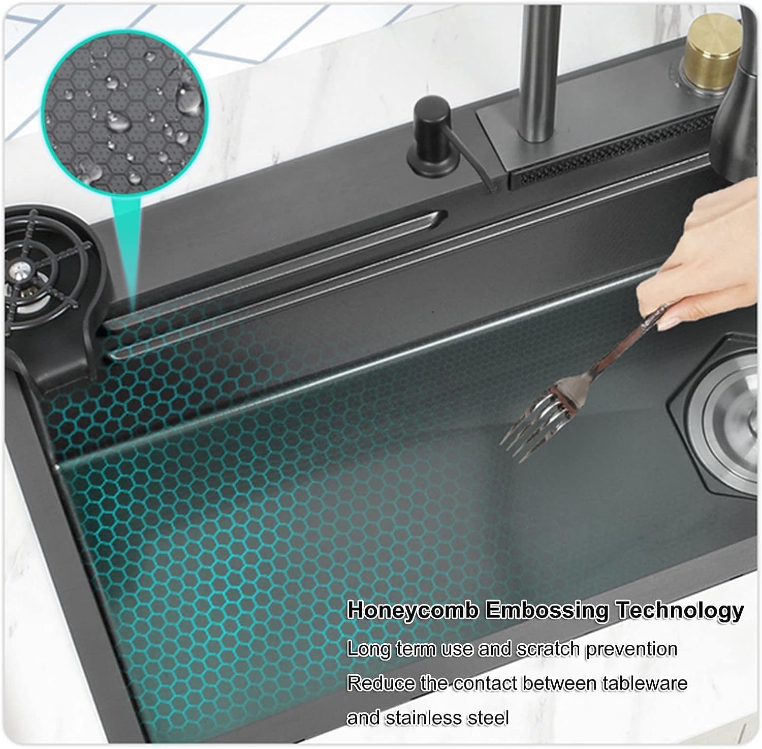 REMANENCE Modular Waterfall Kitchen Sink with Anti Scratch Honeycomb Design, Integrated and Pull-Down Faucet Set/304 Grade Stainless Steel Sink with Cup washer and Drain Baskets (30 x 18 x 9 inch)