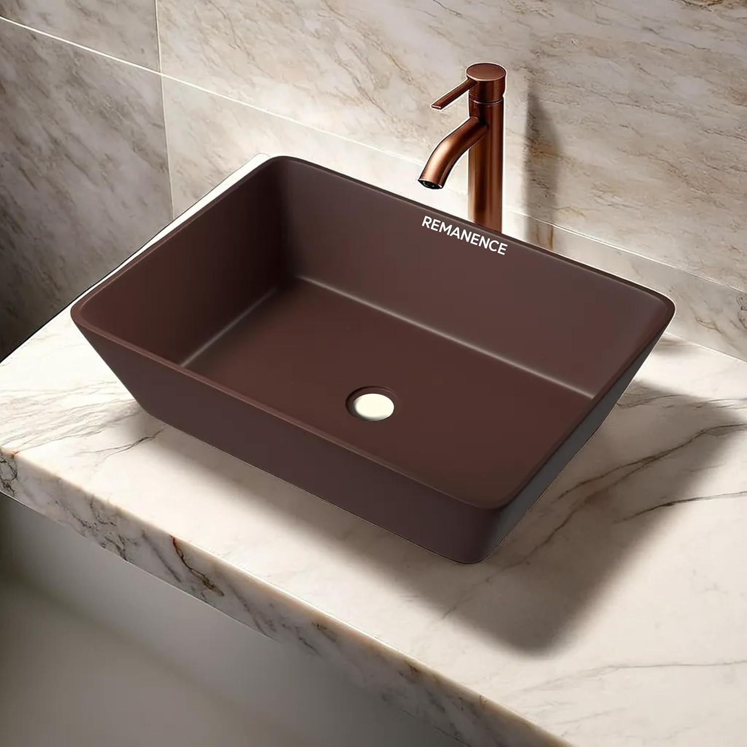 REMANENCE Granite Quartz Countertop Wash Basin (18 X 13 X 5.5 Inch) (Matte Brown)