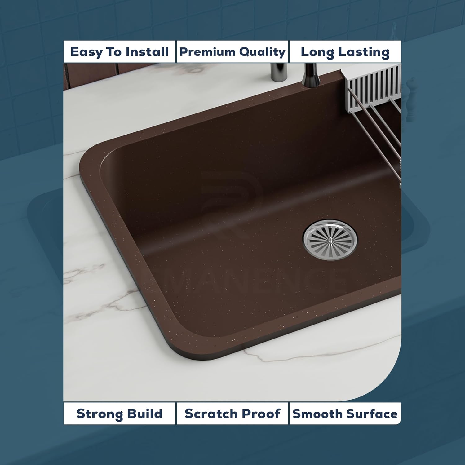 REMANENCE Granite Quartz Single Bowl Matte Finish Kitchen Sink With Drainer Basket (31 x 19 x 9 Inch) (Brown)