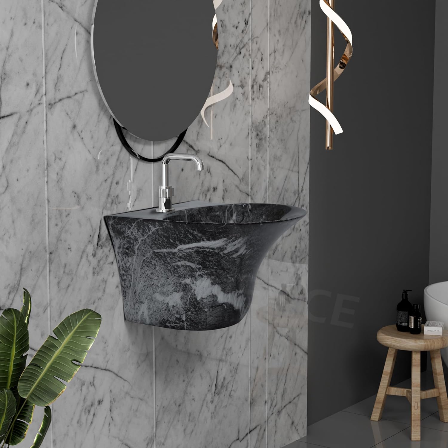 REMANENCE-RICH Luxury Wall Mount Half Pedestal Wash Basin for Bathroom (Black White Jelly)