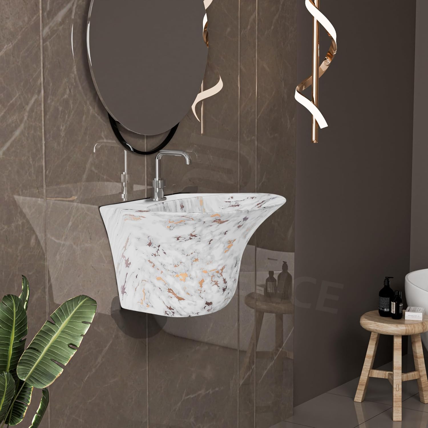 REMANENCE-RICH Luxury Wall Mount Half Pedestal Wash Basin for Bathroom (White Gold Spot)