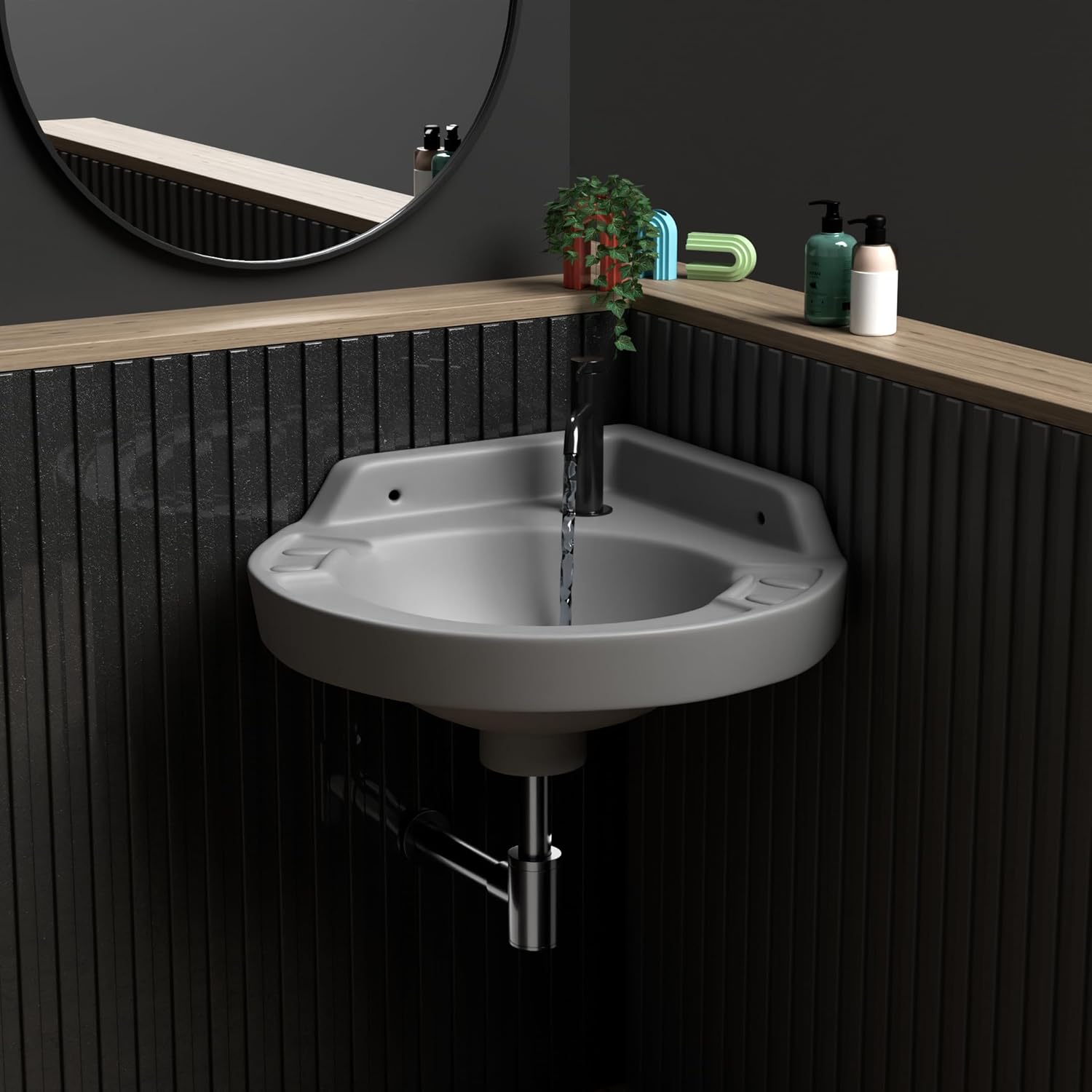 REMANENCE Ceramic Wall Mounted Corner Wash Basin For Compact Bathroom, Restaurant and Cafés, Powder Rooms (17 x 15 x 7.5 Inch) (Black)