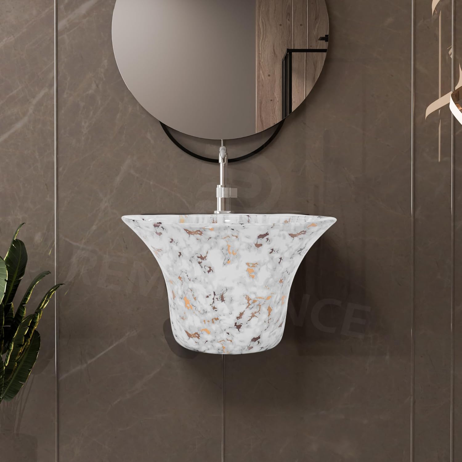 REMANENCE-RICH Luxury Wall Mount Half Pedestal Wash Basin for Bathroom (White Gold Spot)