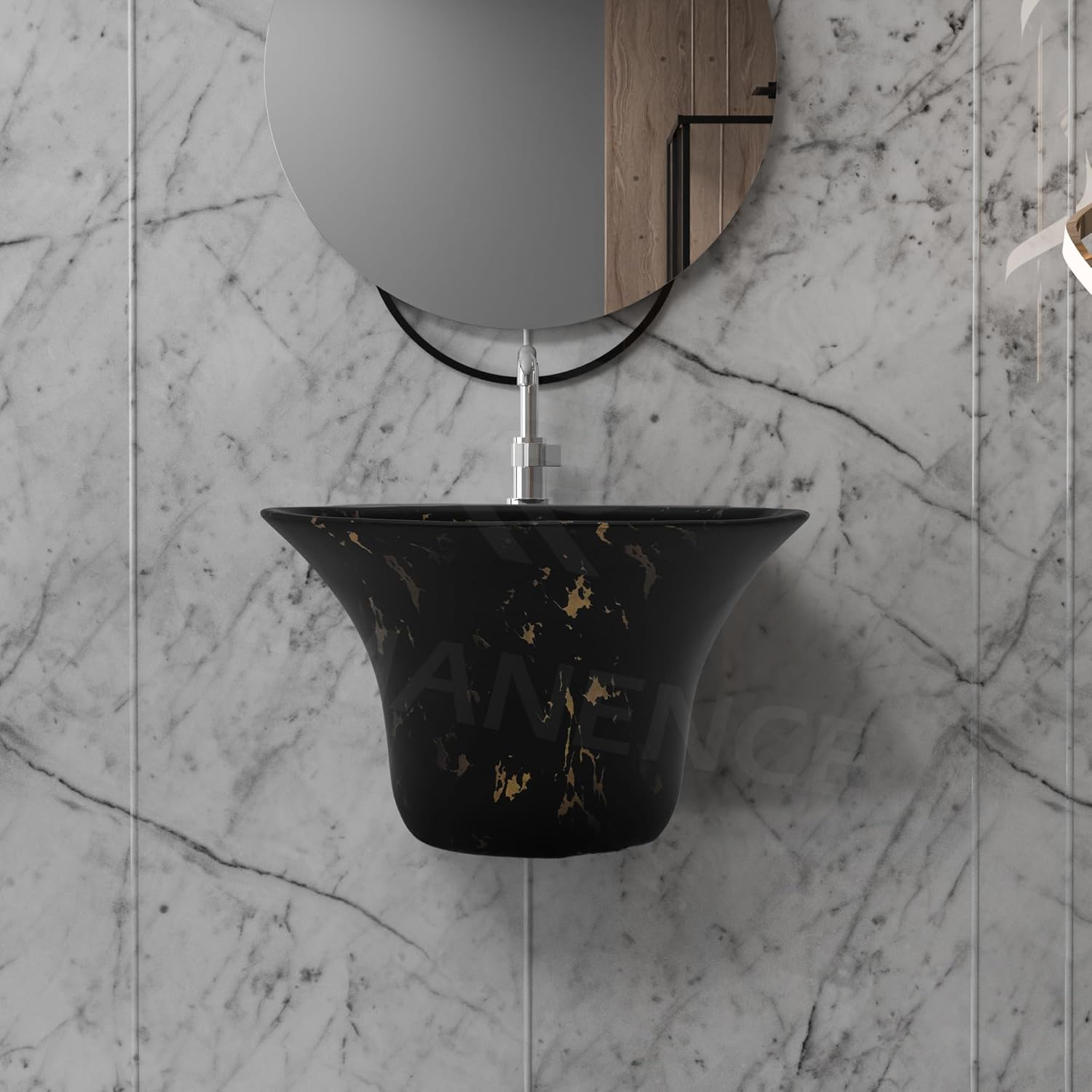 REMANENCE-RICH Luxury Wall Mount Half Pedestal Wash Basin for Bathroom (Black Gold Spot)
