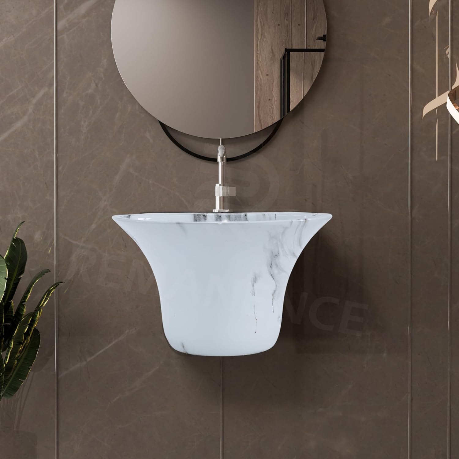 REMANENCE-RICH Luxury Wall Mount Half Pedestal Wash Basin for Bathroom (Marble Grey)