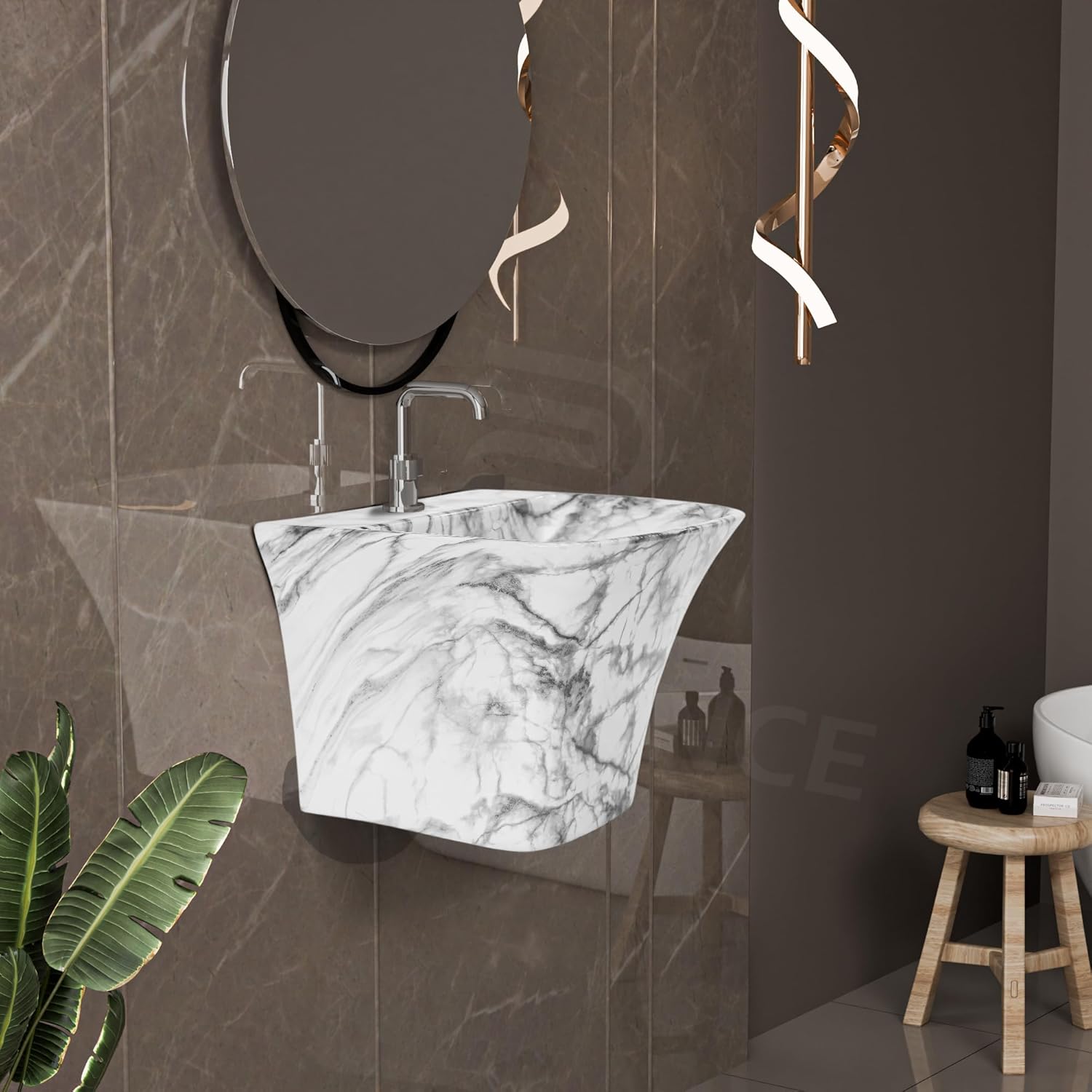 REMANENCE-RION Designer Wall Mount Half Pedestal Wash Basin for Bathroom, Restaurant, Hotels (White Black Stripe)