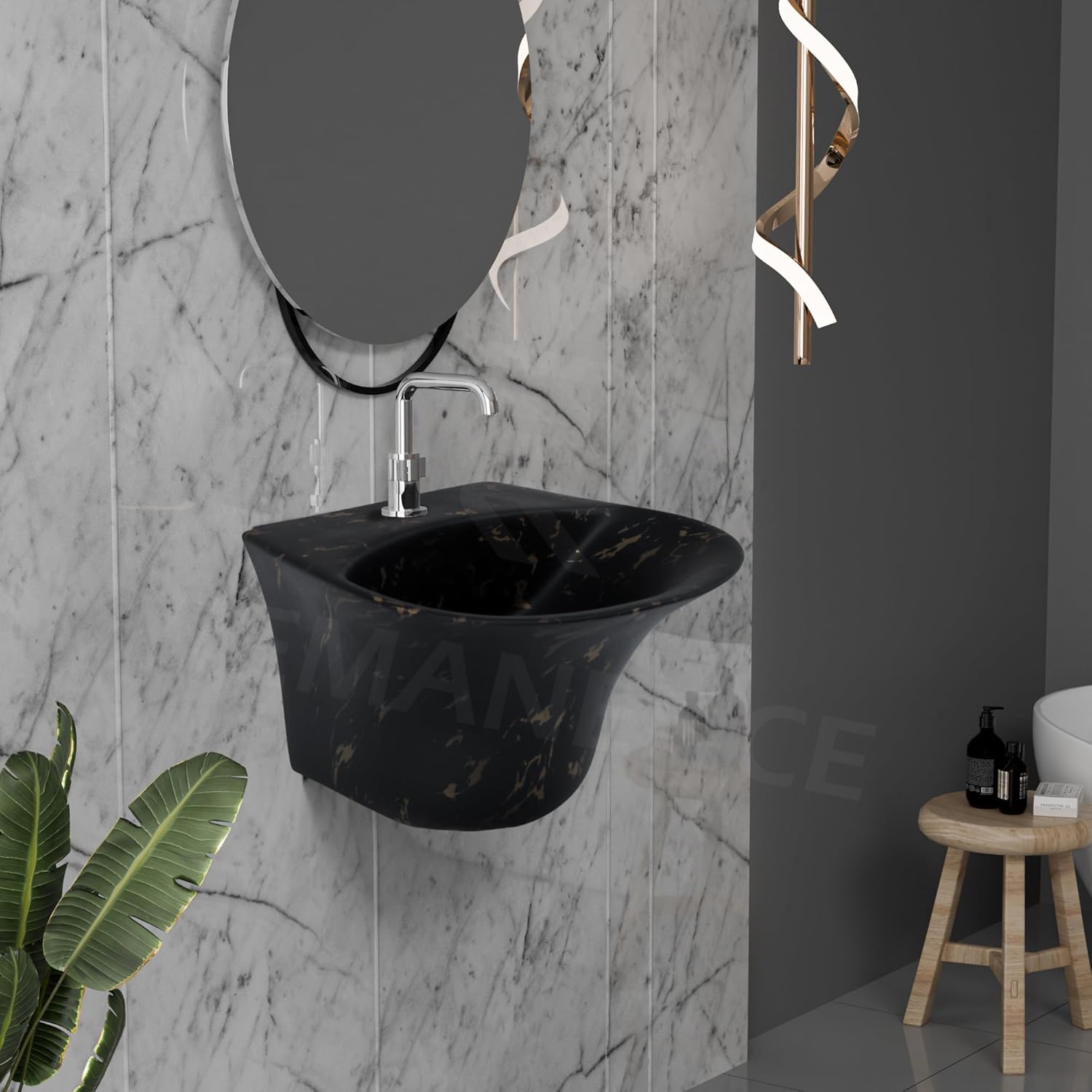 REMANENCE-RICH Luxury Wall Mount Half Pedestal Wash Basin for Bathroom (Black Gold Spot)