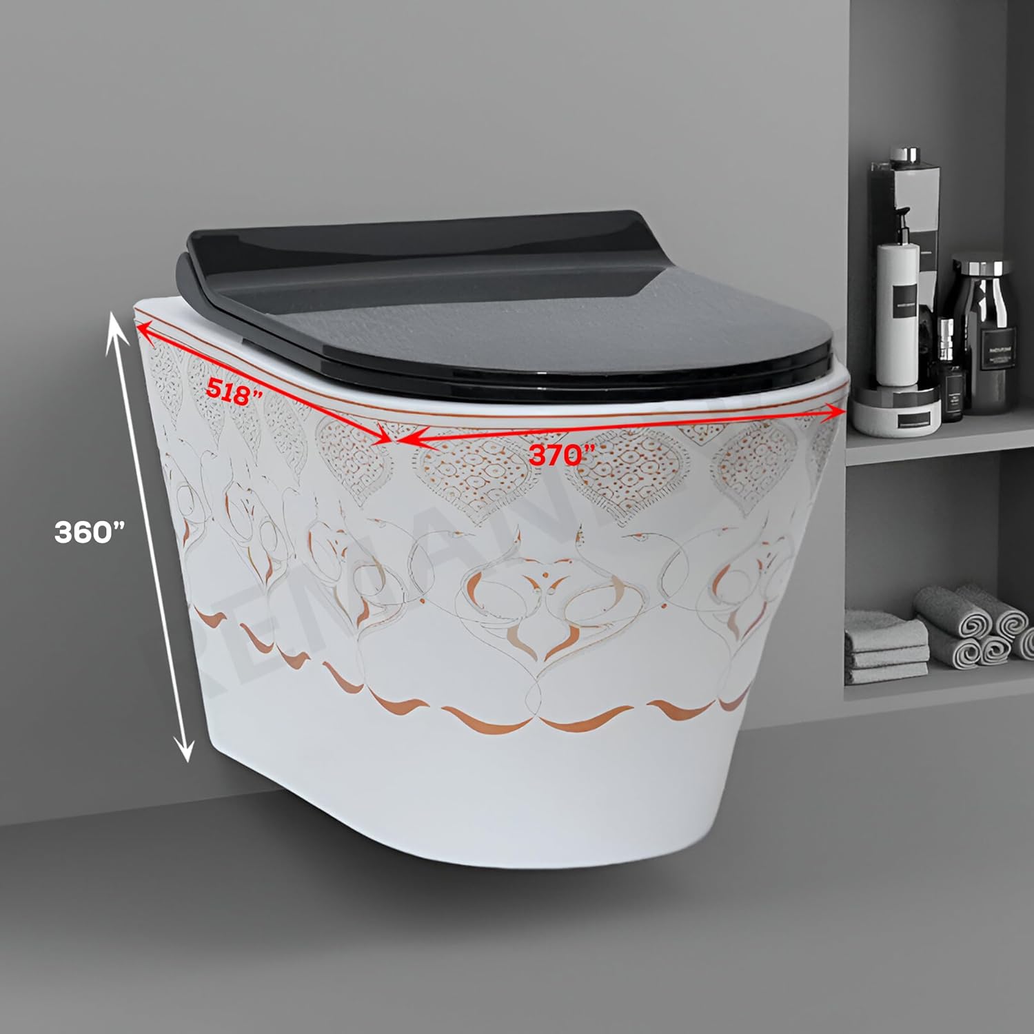 REMANENCE Ceramic Moroccan Design Wall Mount Commode with Soft Close Seat Cover (51.8 x 37 x 36 Centimeters)-LWH07