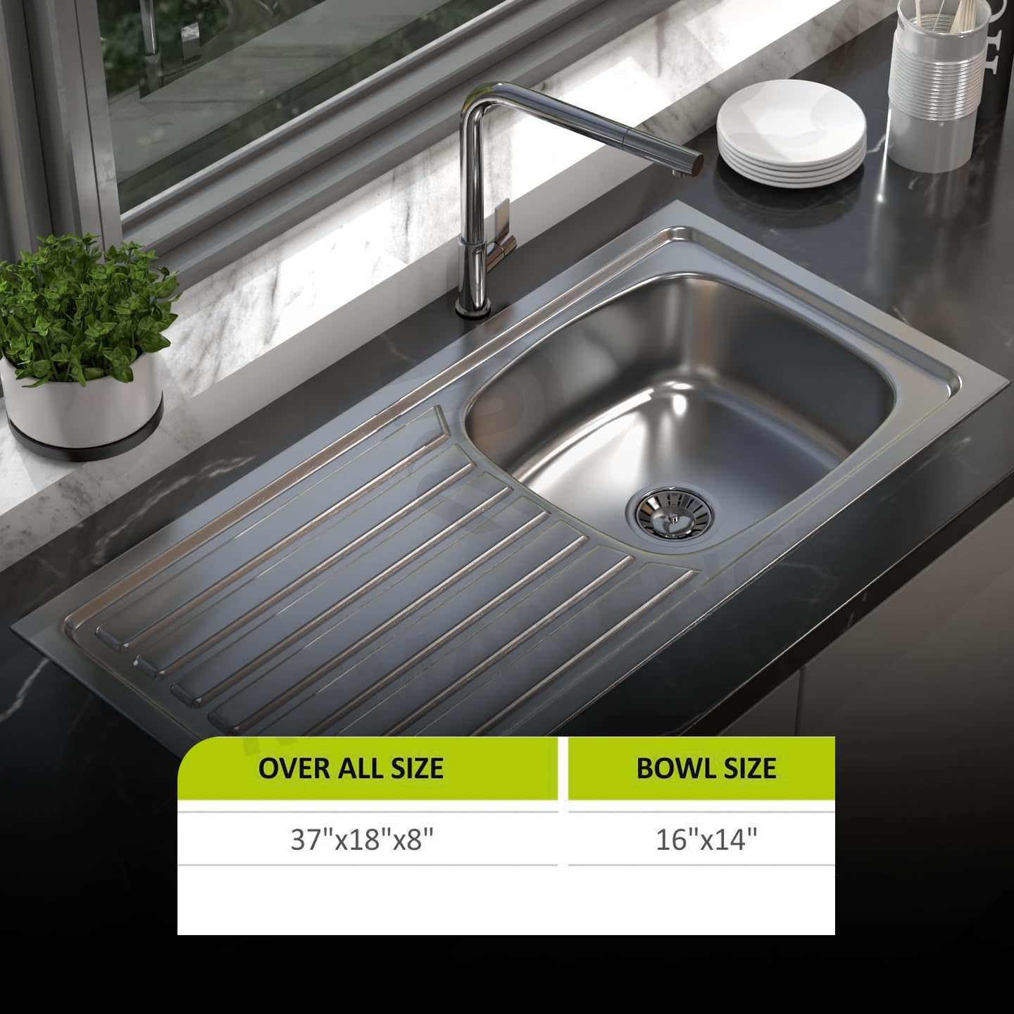 REMANENCE 304 Grade Stainless Steel Single Bowl Kitchen Sink with Integrated Drain Board (37 x 18 x 8 Inch) (Glossy)