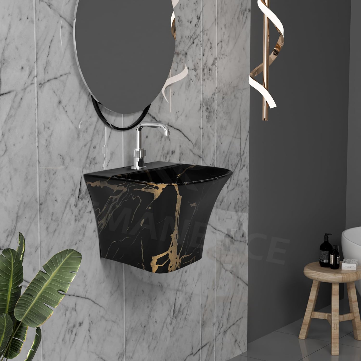 REMANENCE-RION Designer Wall Mount Half Pedestal Wash Basin for Bathroom, Restaurant, Hotels (Black Gold Jelly)