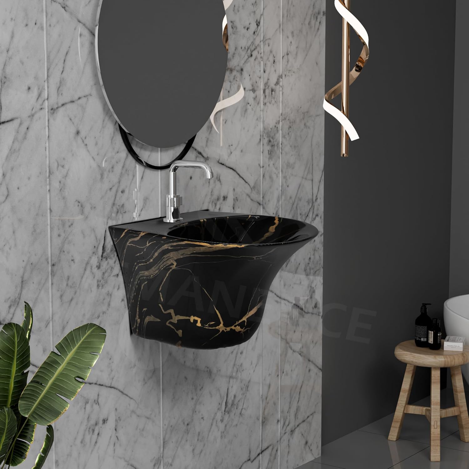 REMANENCE-RICH Luxury Wall Mount Half Pedestal Wash Basin for Bathroom (Black Gold Jelly)