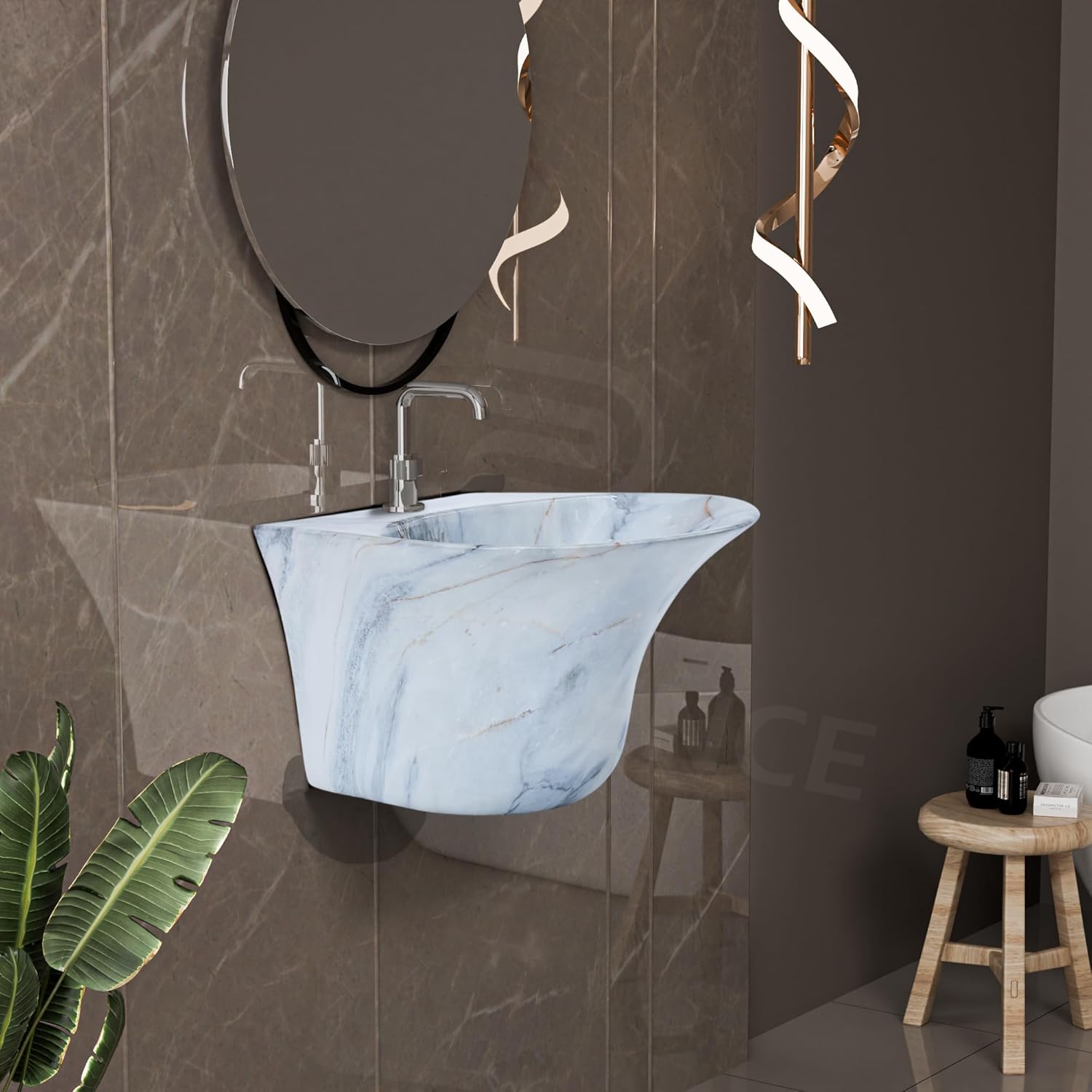 REMANENCE-RICH Luxury Wall Mount Half Pedestal Wash Basin for Bathroom (Designer Blue)