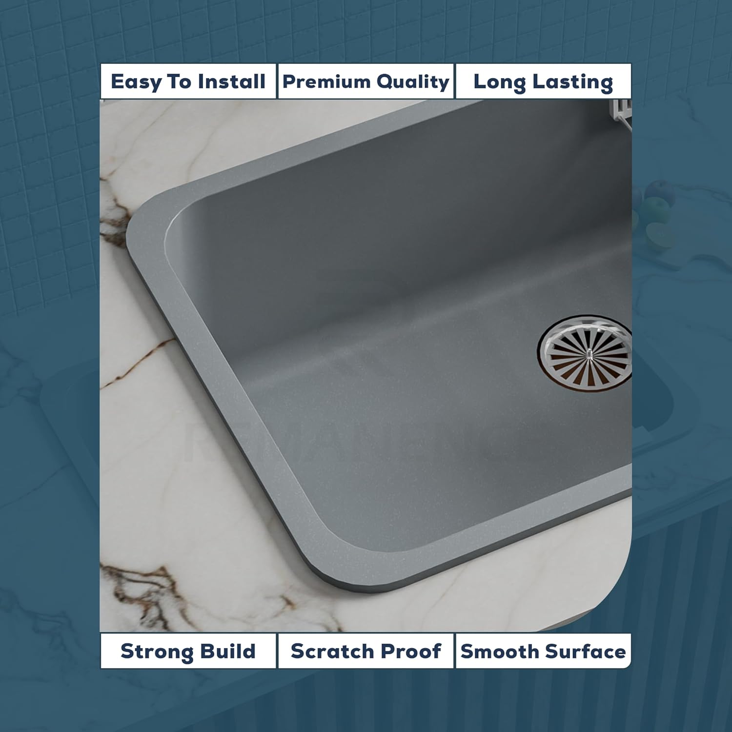 REMANENCE Granite Quartz Single Bowl Matte Finish Kitchen Sink With Drainer Basket (31 x 19 x 9 Inch) (Grey)