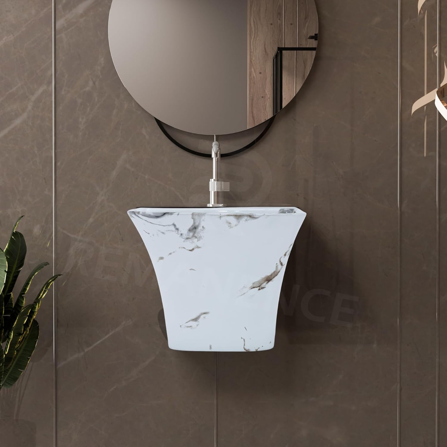 REMANENCE-RION Designer Wall Mount Half Pedestal Wash Basin for Bathroom, Restaurant, Hotels (Marble Grey)
