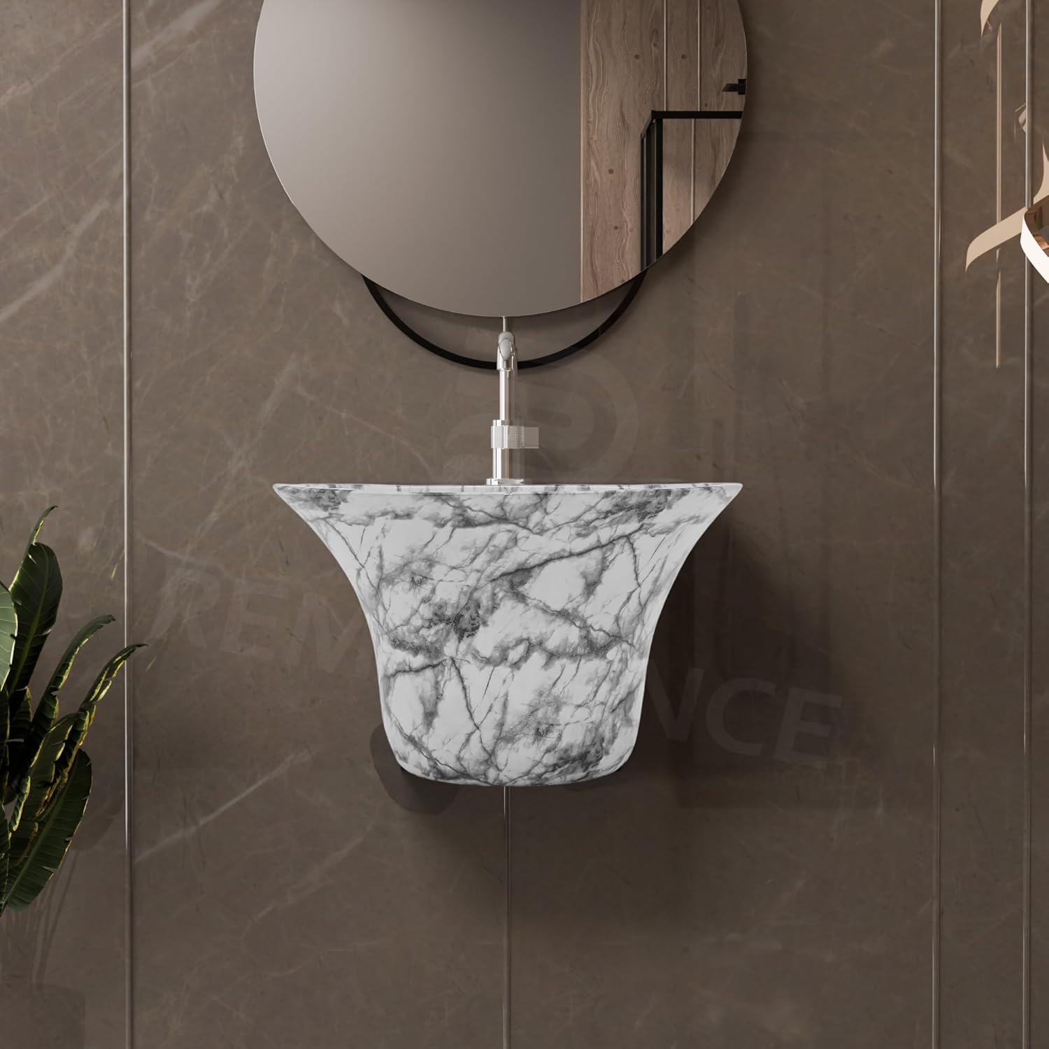 REMANENCE-RICH Luxury Wall Mount Half Pedestal Wash Basin for Bathroom (White Black Stripe)