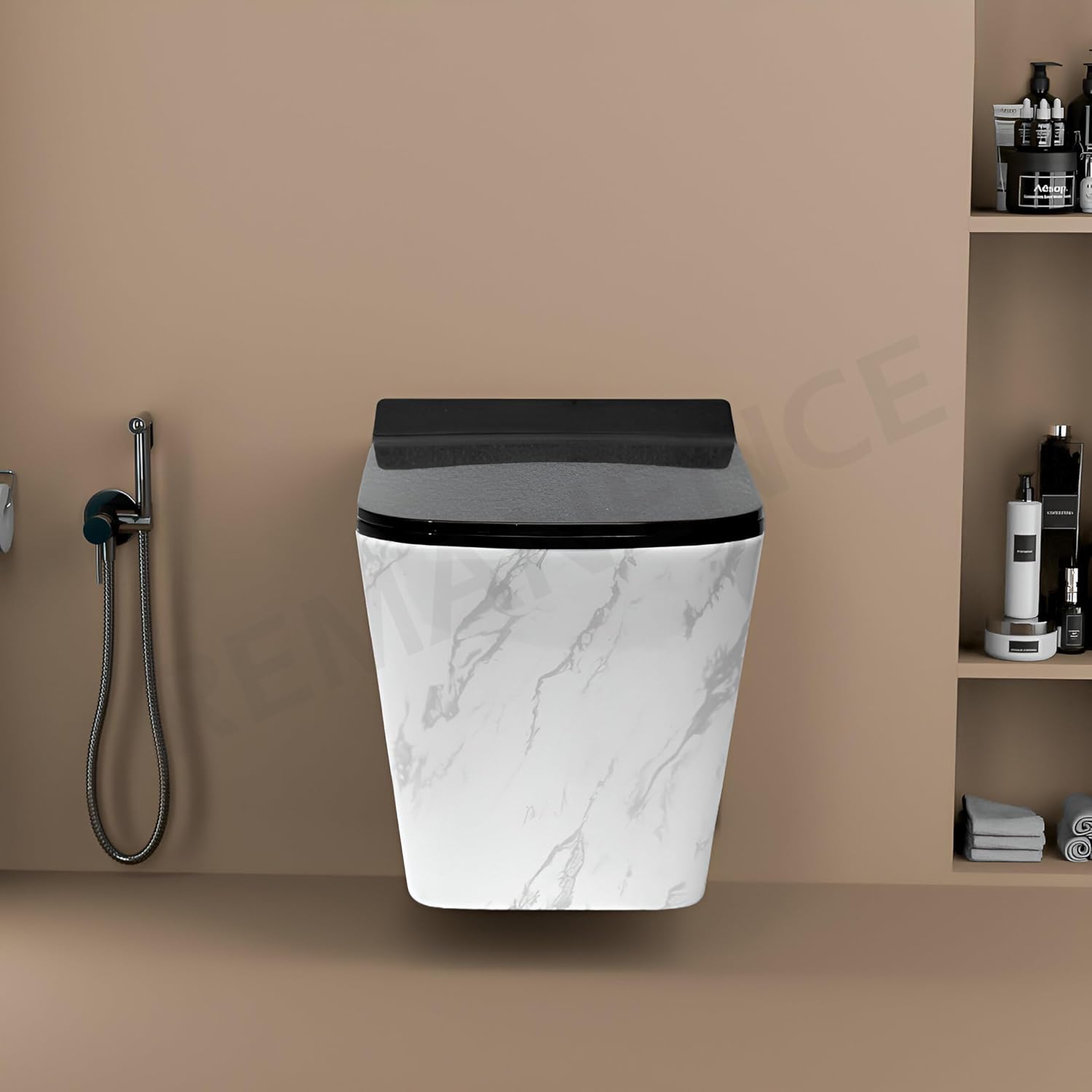 REMANENCE Ceramic Moroccan Design Wall Mount Commode with Soft Close Seat Cover (51 x 35 x 48 Centimeters)-IWH03