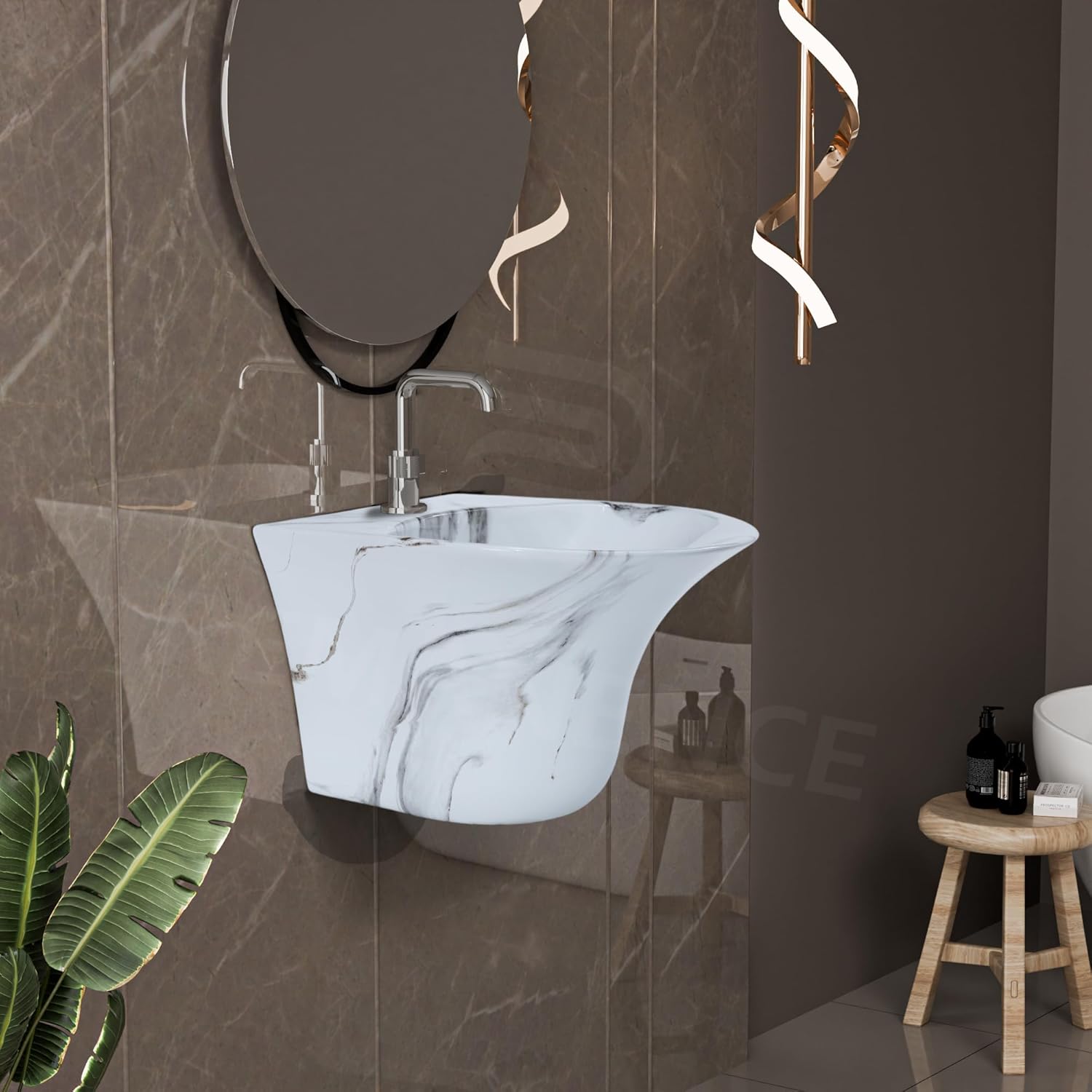 REMANENCE-RICH Luxury Wall Mount Half Pedestal Wash Basin for Bathroom (Marble Grey)