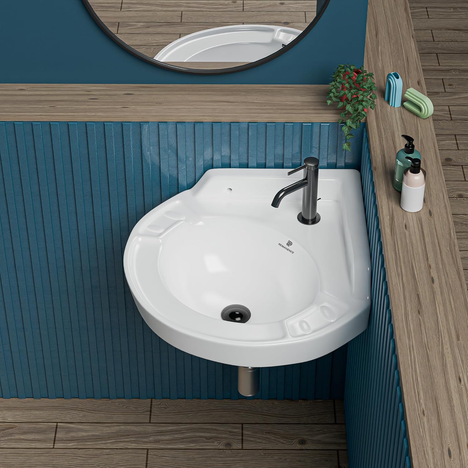 REMANENCE Ceramic Wall Mounted Corner Wash Basin For Compact Bathroom, Restaurant and Cafés, Powder Rooms (17 x 15 x 7.5 Inch) (Black)