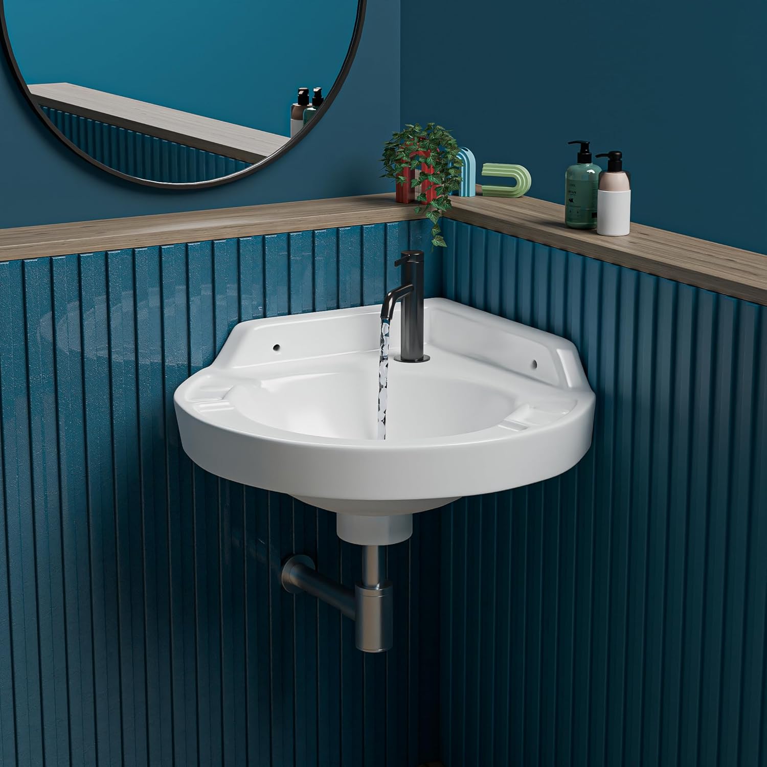 REMANENCE Ceramic Wall Mounted Corner Wash Basin For Compact Bathroom, Restaurant and Cafés, Powder Rooms (17 x 15 x 7.5 Inch) (Black)