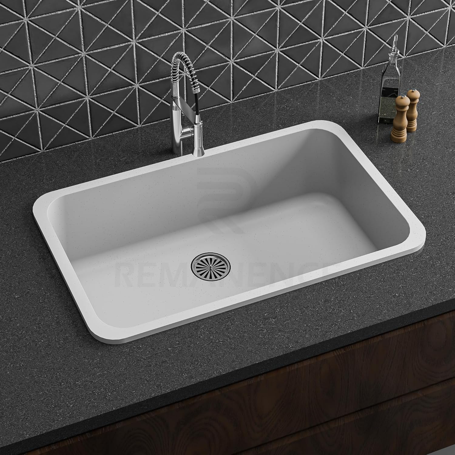 REMANENCE Granite Quartz Single Bowl Matte Finish Kitchen Sink With Drainer Basket (31 x 19 x 9 Inch) (White Dot)