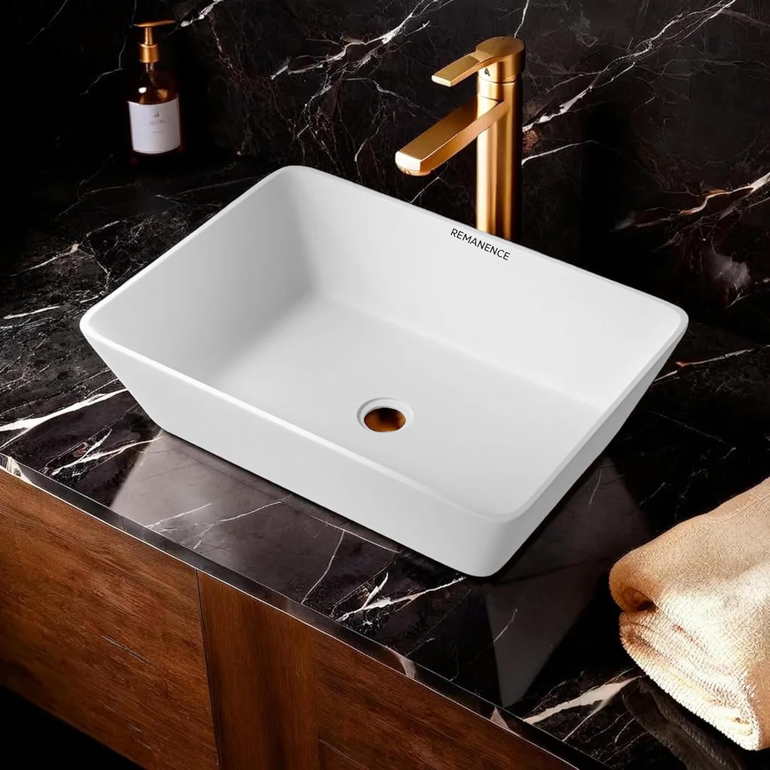 REMANENCE Granite Quartz Countertop Wash Basin (18 X 13 X 5.5 Inch) (Matte White)