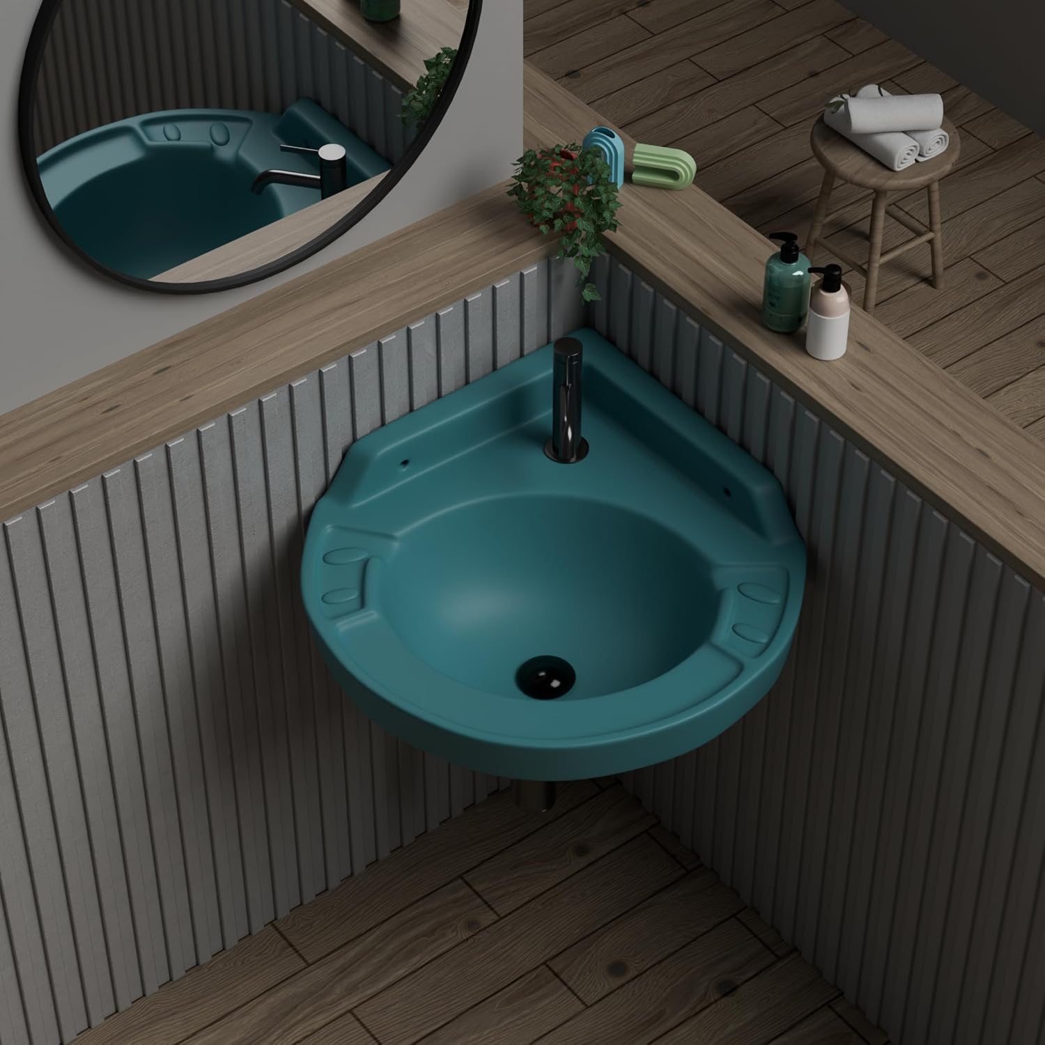 REMANENCE Ceramic Wall Mounted Corner Wash Basin For Compact Bathroom, Restaurant and Cafés, Powder Rooms (17 x 15 x 7.5 Inch) (Black)