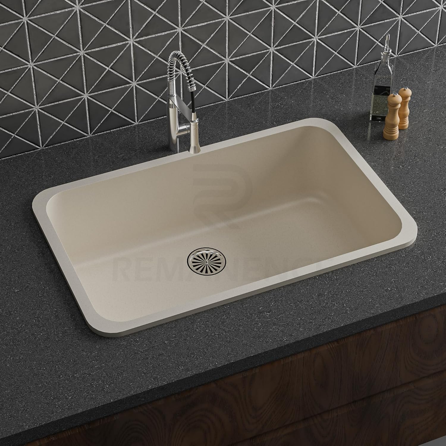 REMANENCE Granite Quartz Single Bowl Matte Finish Kitchen Sink With Drainer Basket (31 x 19 x 9 Inch) (Ivory)