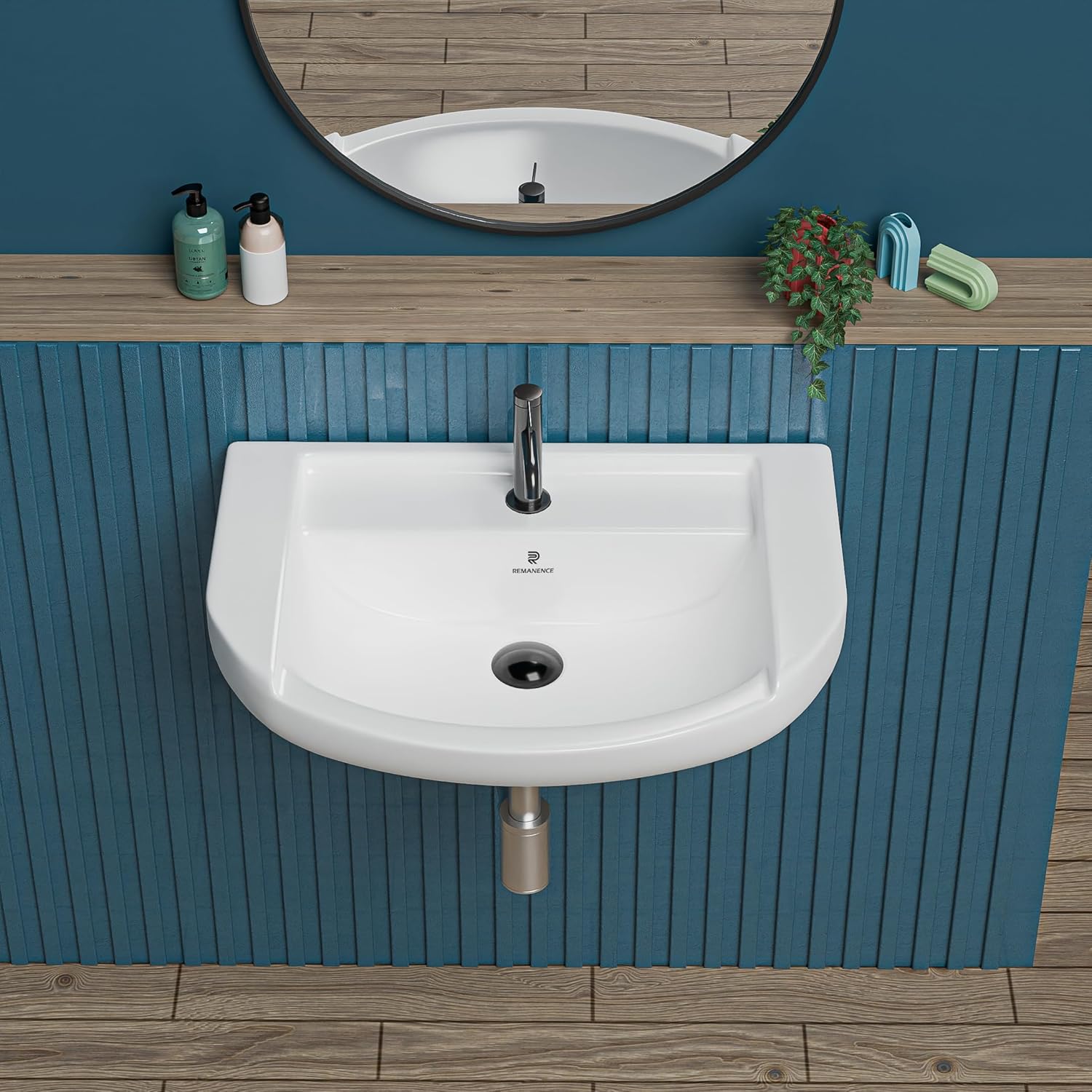 REMANENCE-GOLDEN Ceramic Wall Hung Corner Wash Basin for Bathroom (18.5 x 14 x 7.5 Inch)