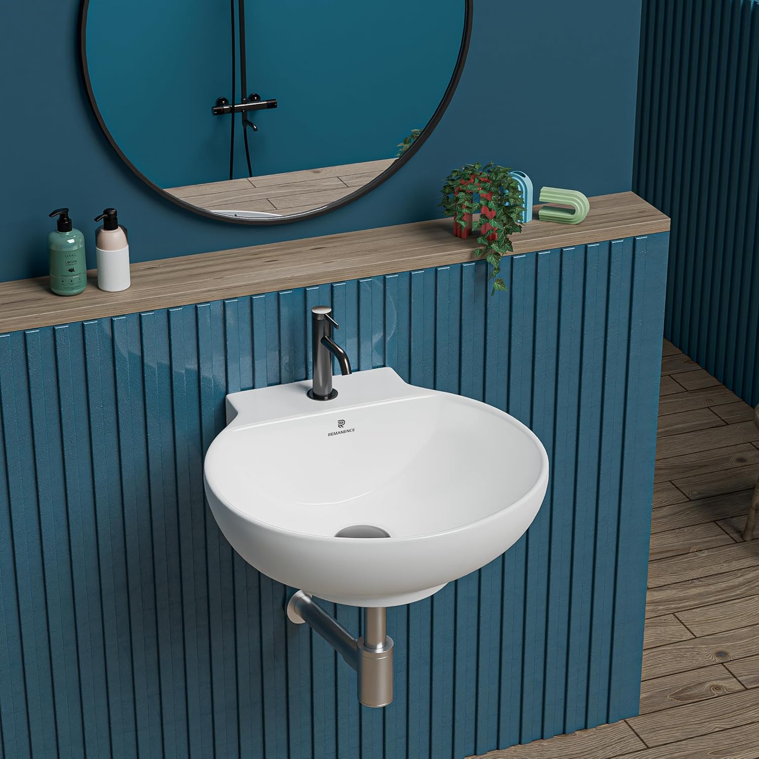 REMANENCE-NANO Ceramic Wall Hung Corner Wash Basin for Bathroom (12 x 12 x 5 Inch)