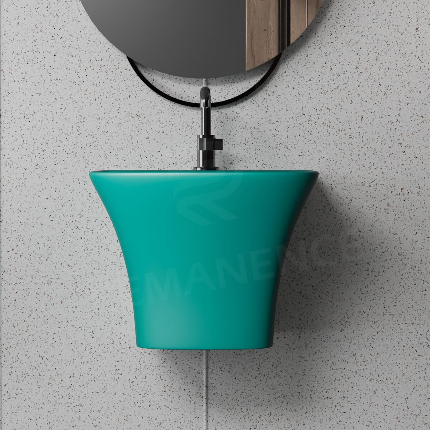 REMANENCE-RION Luxury Wall Mount Half Pedestal Wash Basin for Bathroom, Restaurant, Hotels (Matte Green)