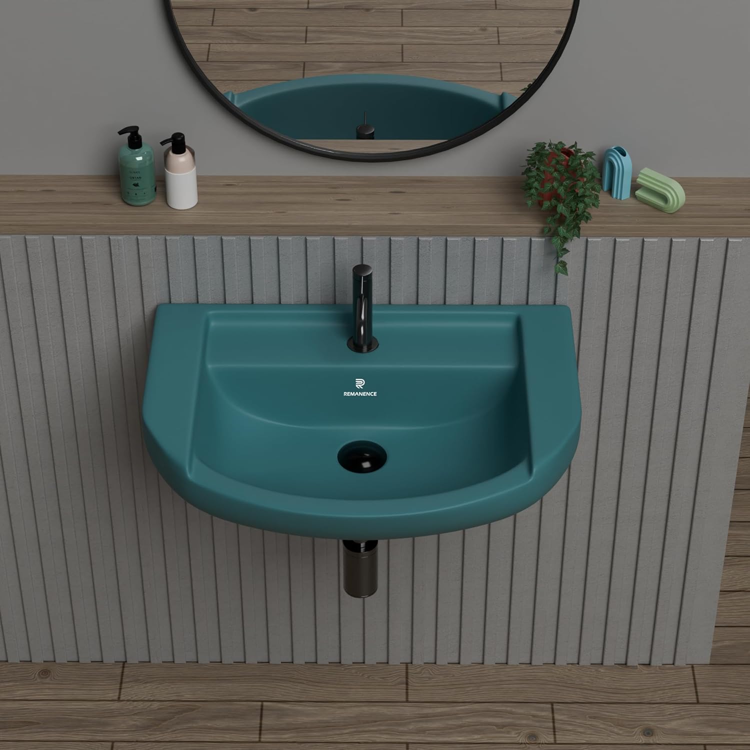 REMANENCE-GOLDEN Ceramic Wall Hung Corner Wash Basin for Bathroom (18.5 x 14 x 7.5 Inch)